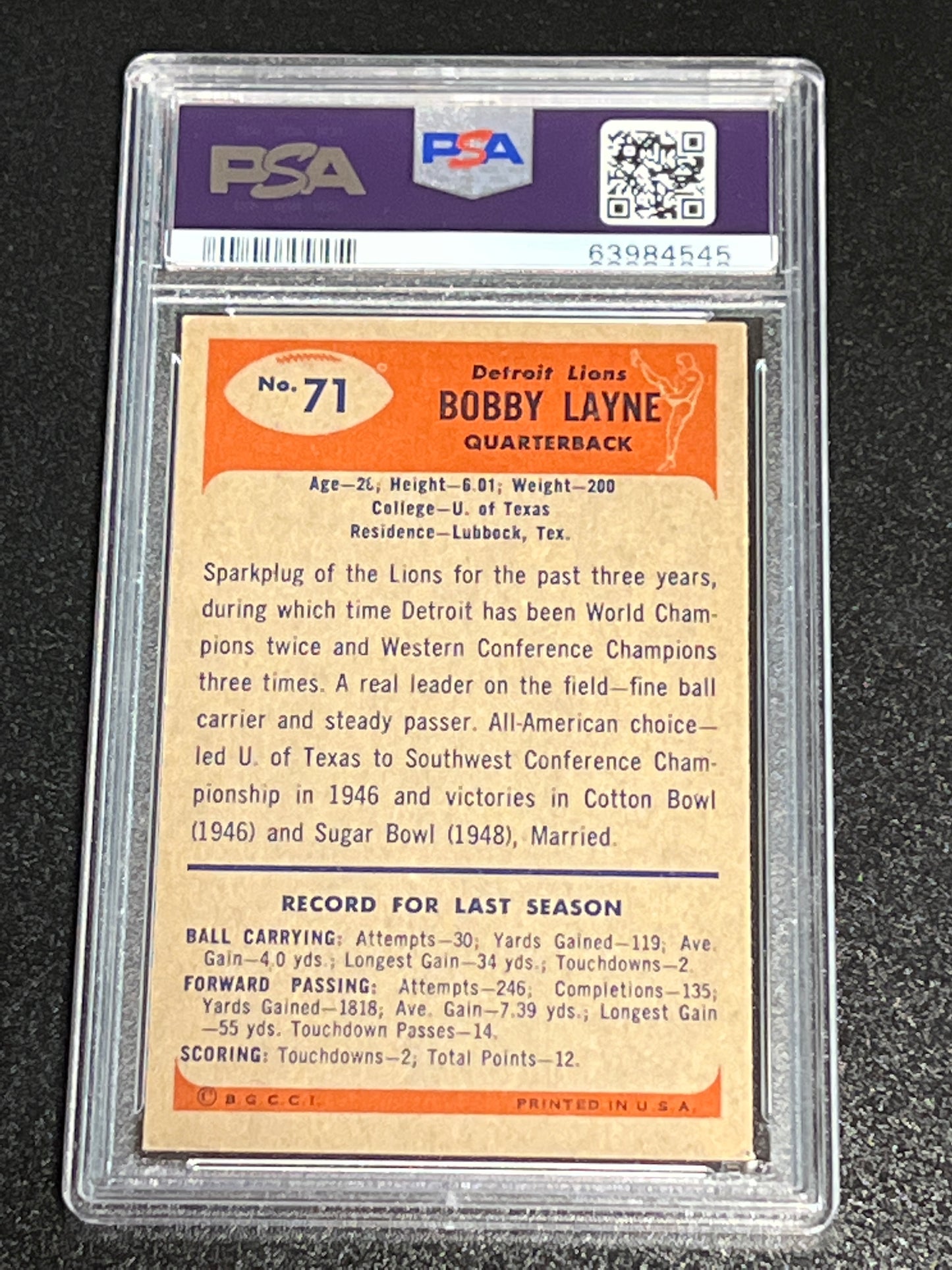 1955 Bowman BOBBY LAYNE - #71 - PSA 5