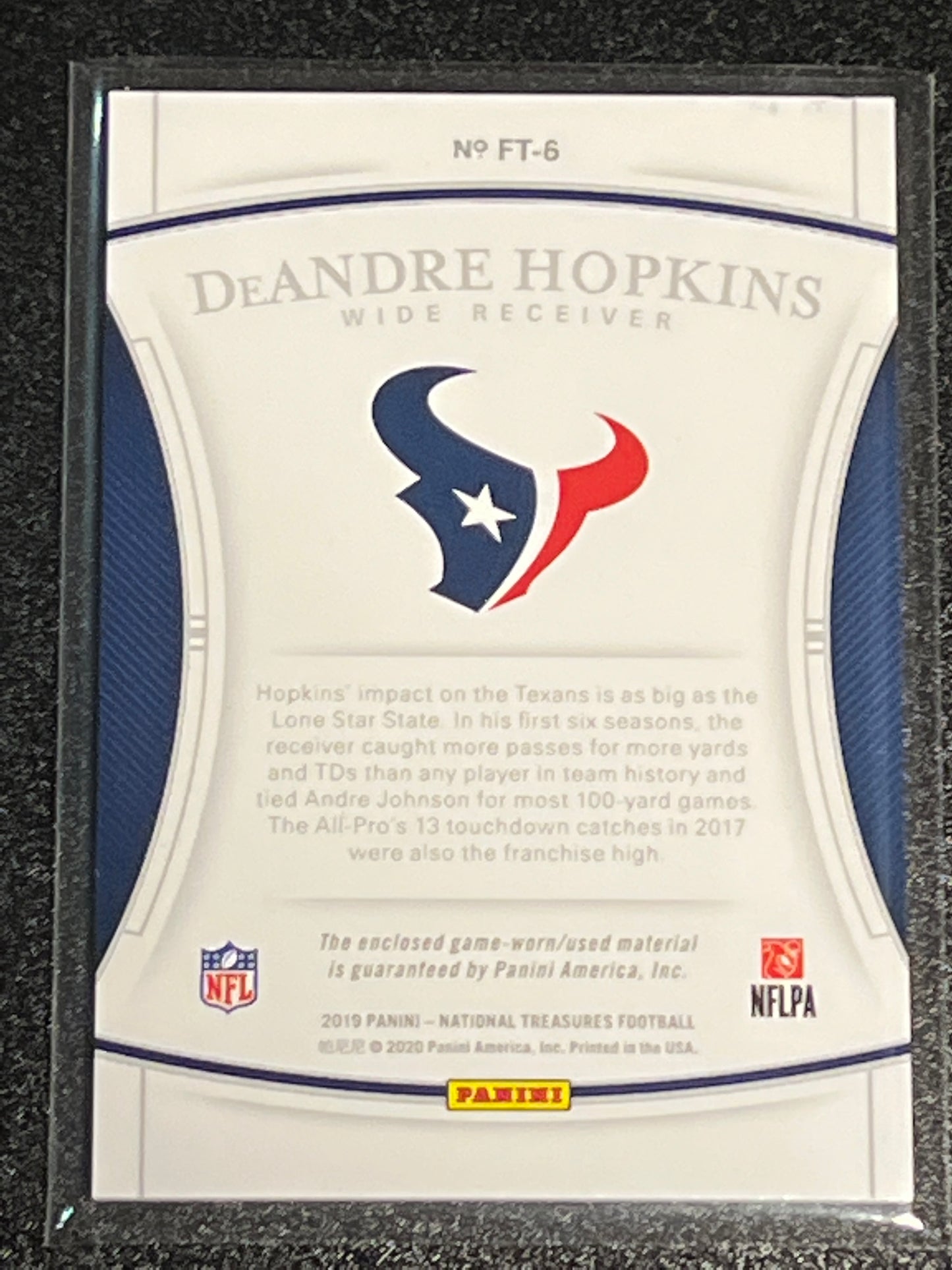 2019 Panini Nat. Treas. DEANDRE HOPKINS - Patch Card - 37/99 - #FT-6