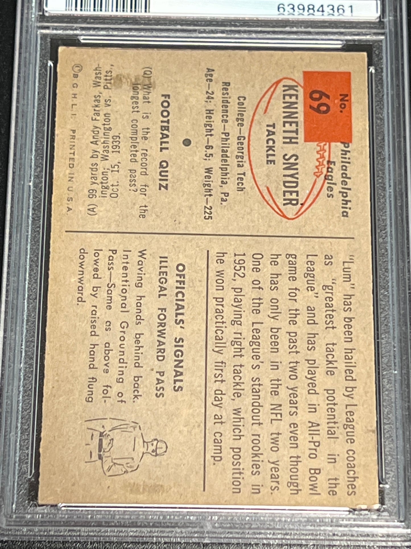 1954 Bowman KENNETH SNYDER - #69 - PSA 2
