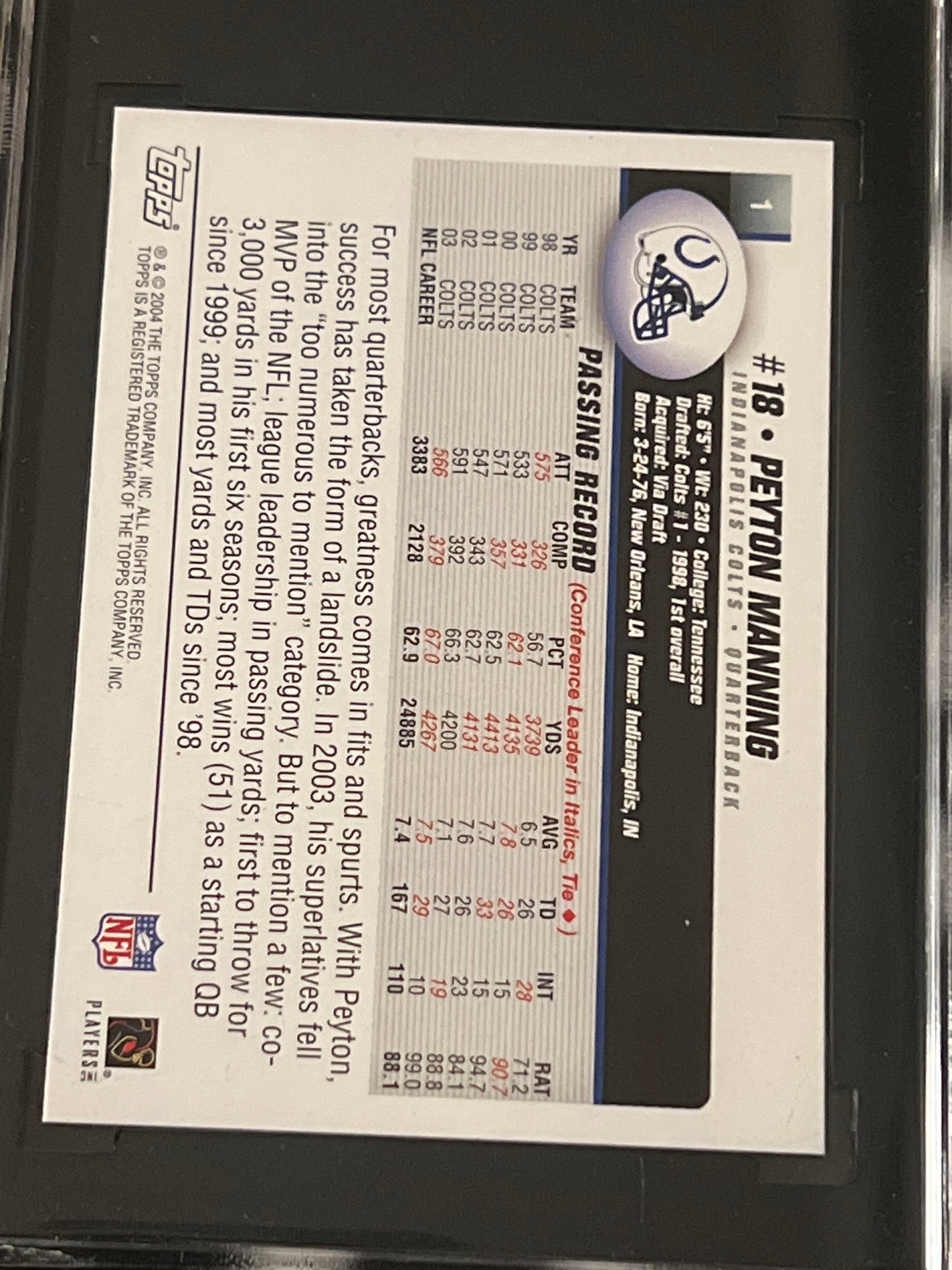 2004 Topps PEYTON MANNING - #1 - SGC 10