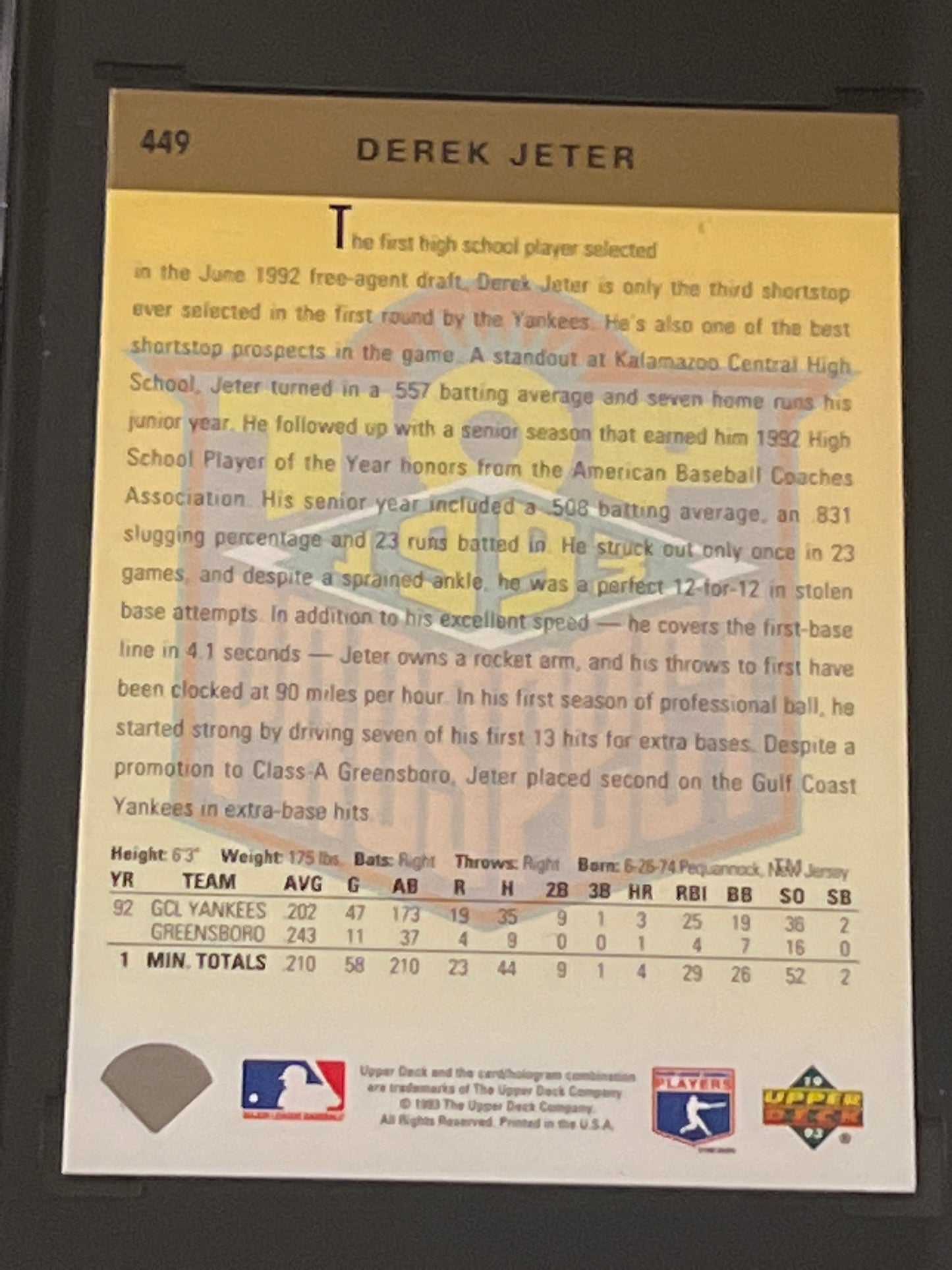 1993 Upper Deck - DEREK JETER - RC - #449 - SGC 9