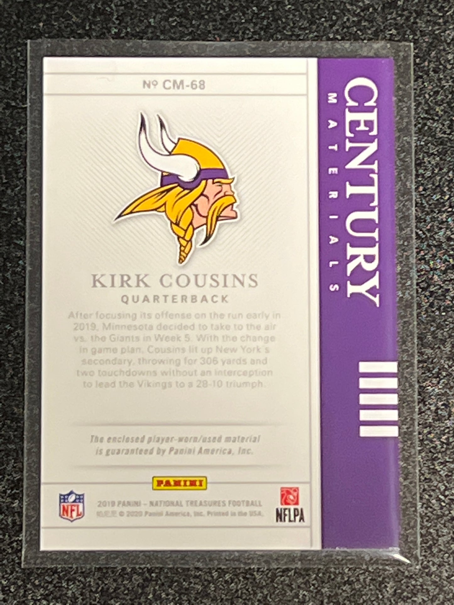 2019 Panini Nat. Treas. KICK COUSINS - Patch Card - 15/99 - #CM-68
