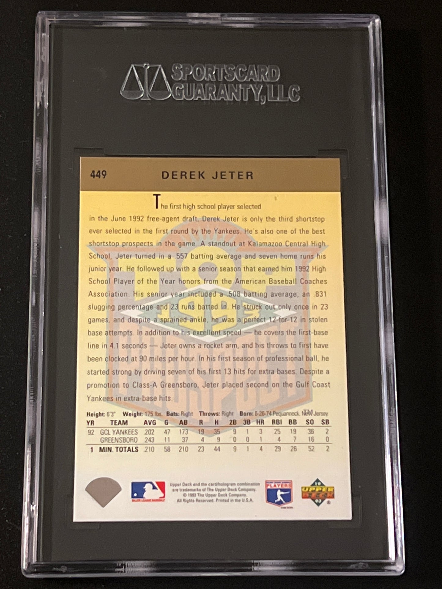1993 Upper Deck - DEREK JETER - RC - #449 - SGC 9
