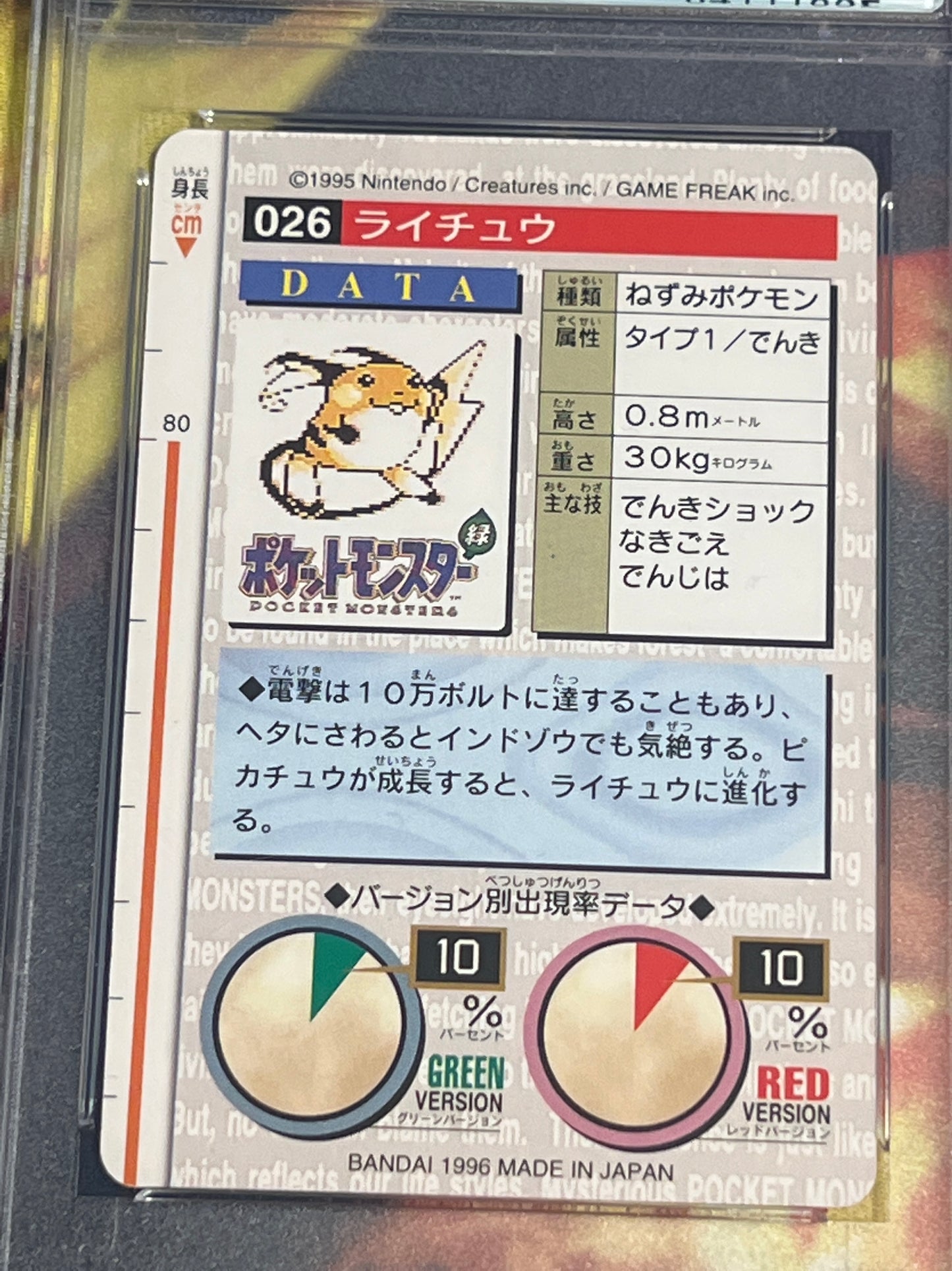 1996 Pokemon Japanese - Raichu - Bandai - Carddass Vending - Graded PSA 6 - #26