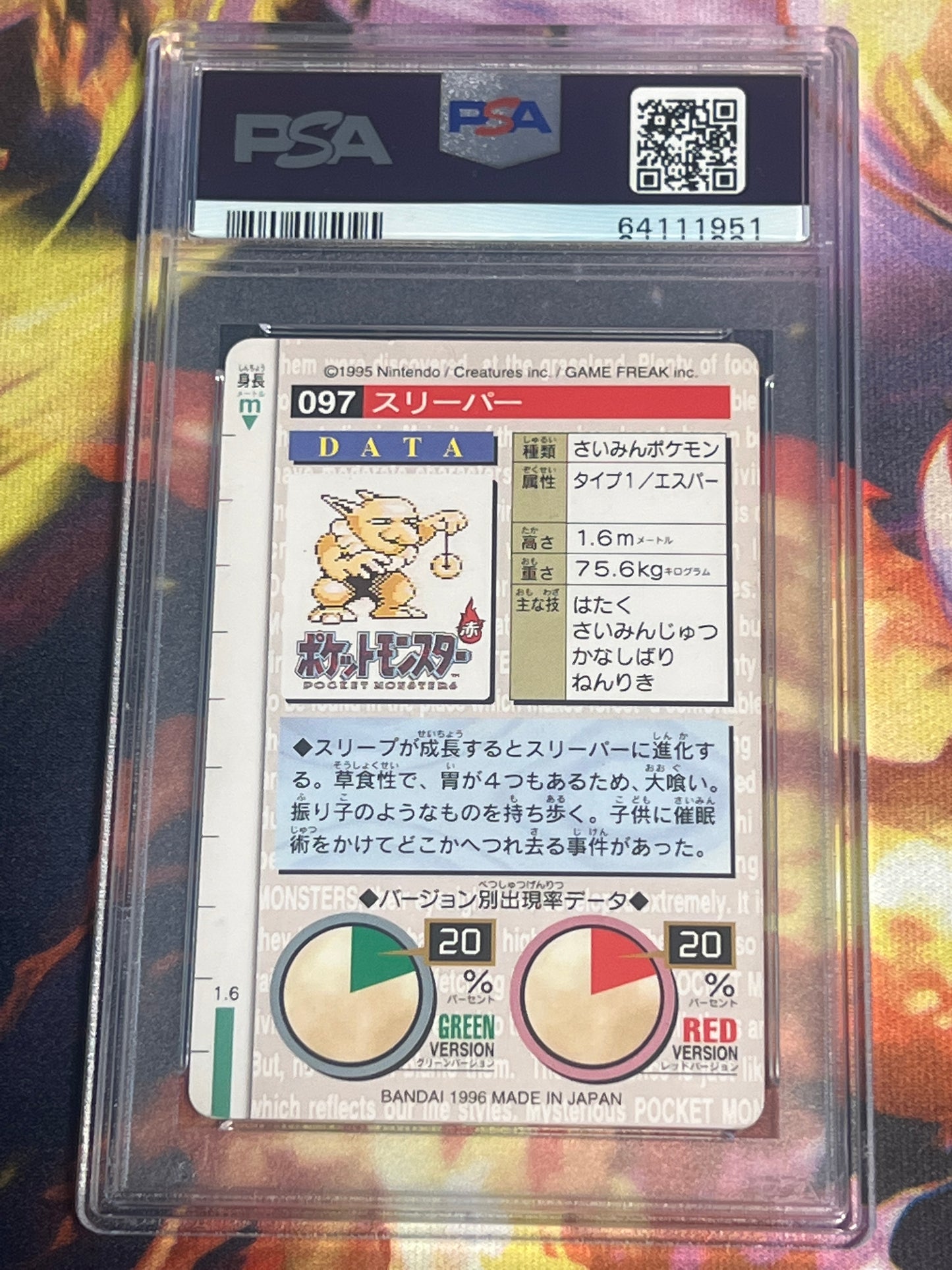 1996 Pokemon Japanese - Hypno - Bandai - Carddass Vending - Graded PSA 5- #97