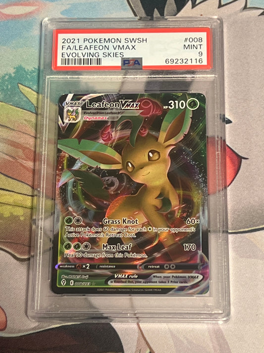 2021 Pokemon Sword & Shield Full Art Leafeon VMax - Evolving Skies - PSA Graded 9 - #008