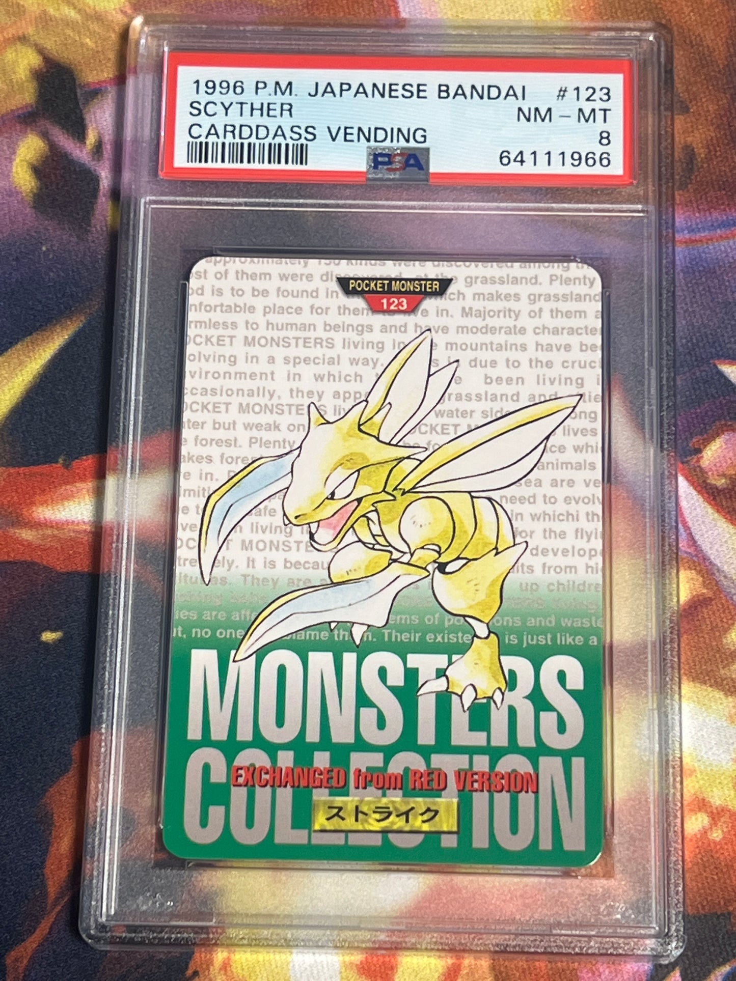 1996 Pokemon Japanese - Scyther - Bandai - Carddass Vending - Graded PSA 8 - #123