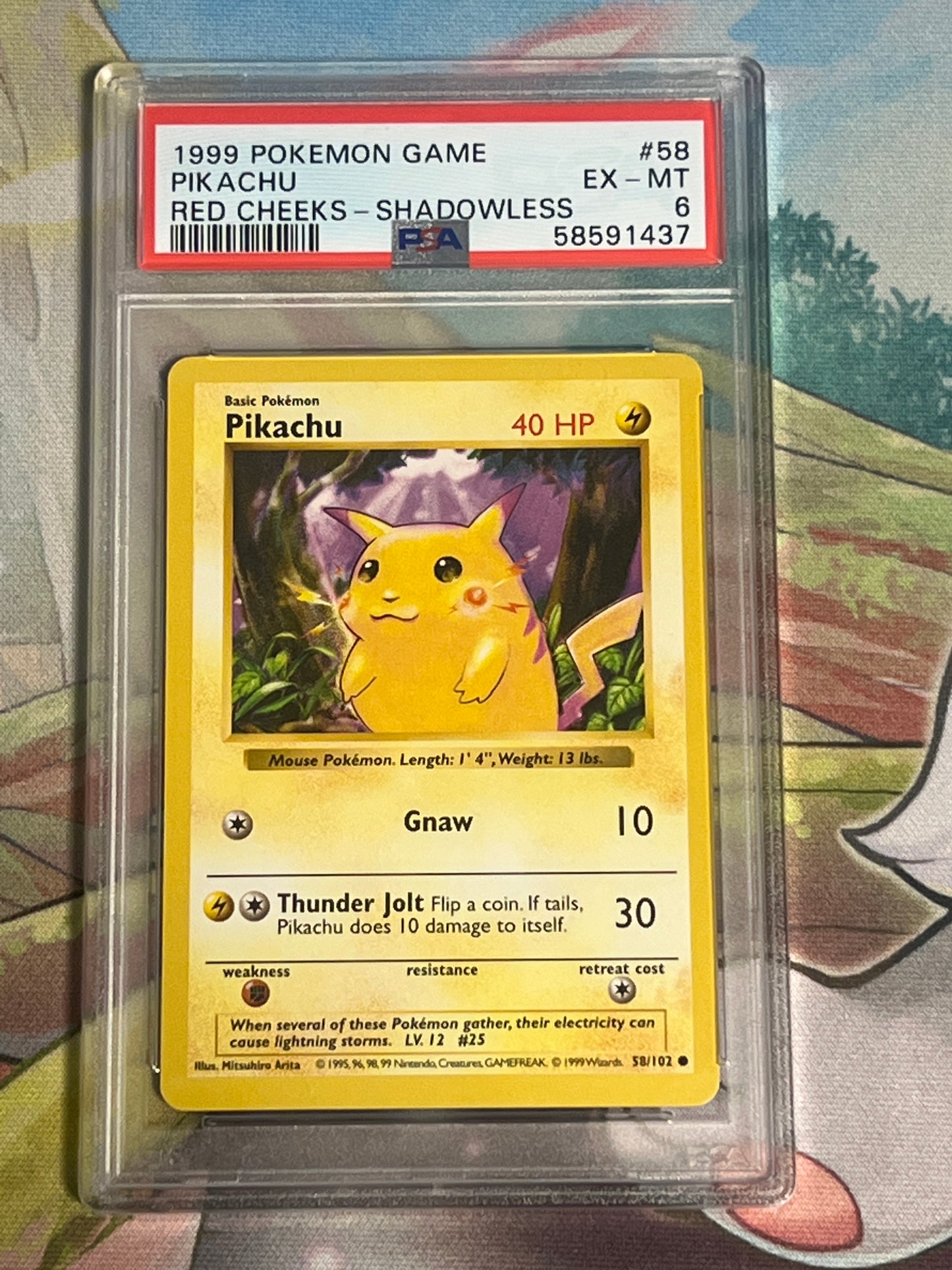 1999 Pokemon PIKACHU - Shadowless - Red Cheeks - PSA 6 - #58