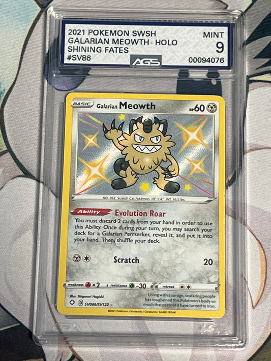 2021 Pokemon Galarian Meowth - Shiny Rare - Holo - Graded AGS 9 - #SV86