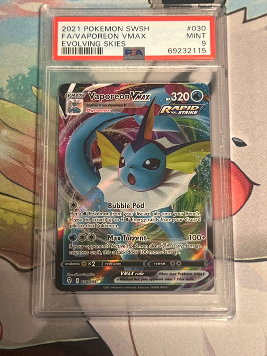 2021 Pokemon Sword & Shield Full Art Vaporeon VMax - Evolving Skies - PSA Graded 9 - #030