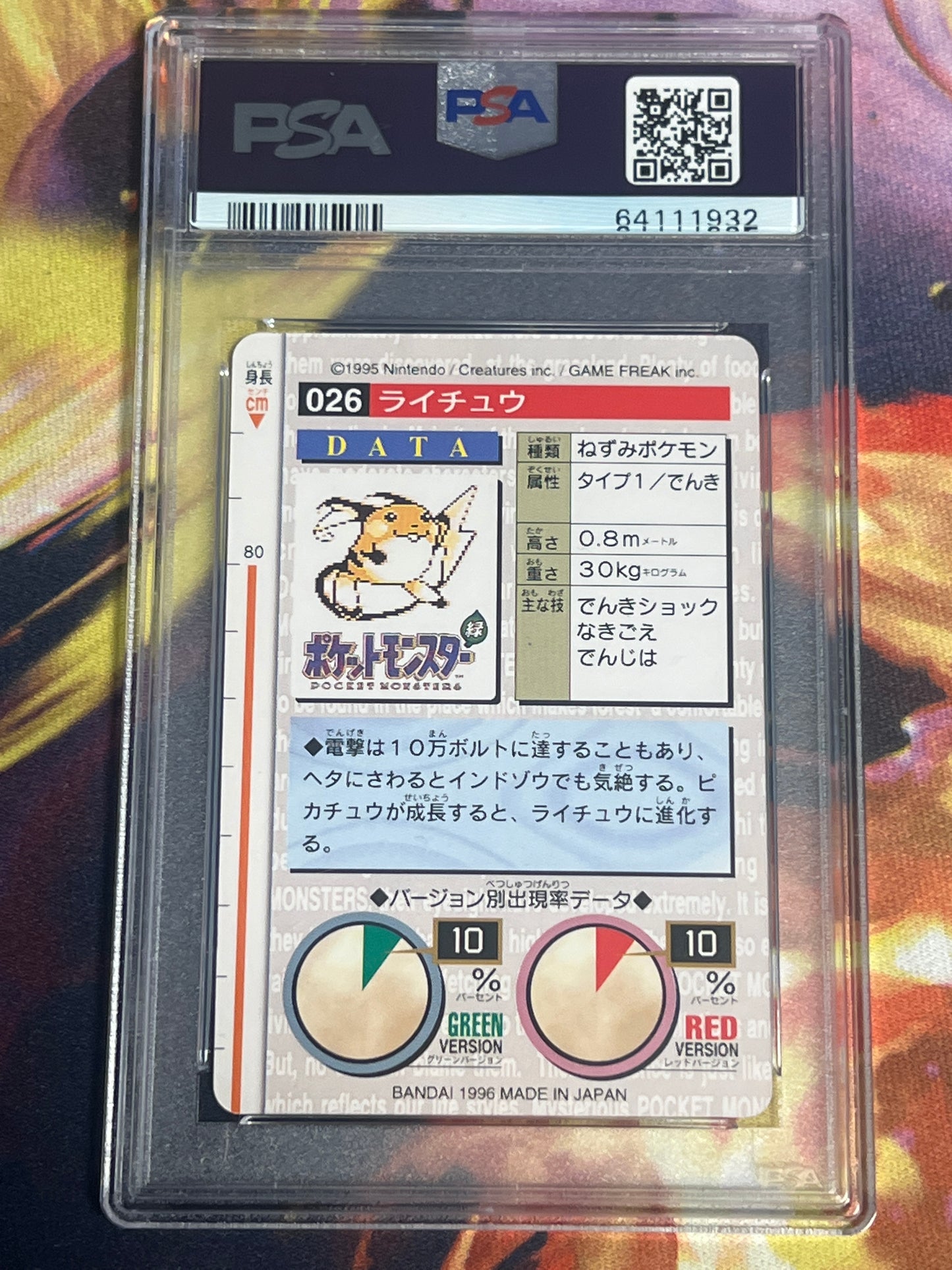 1996 Pokemon Japanese - Raichu - Bandai - Carddass Vending - Graded PSA 6 - #26