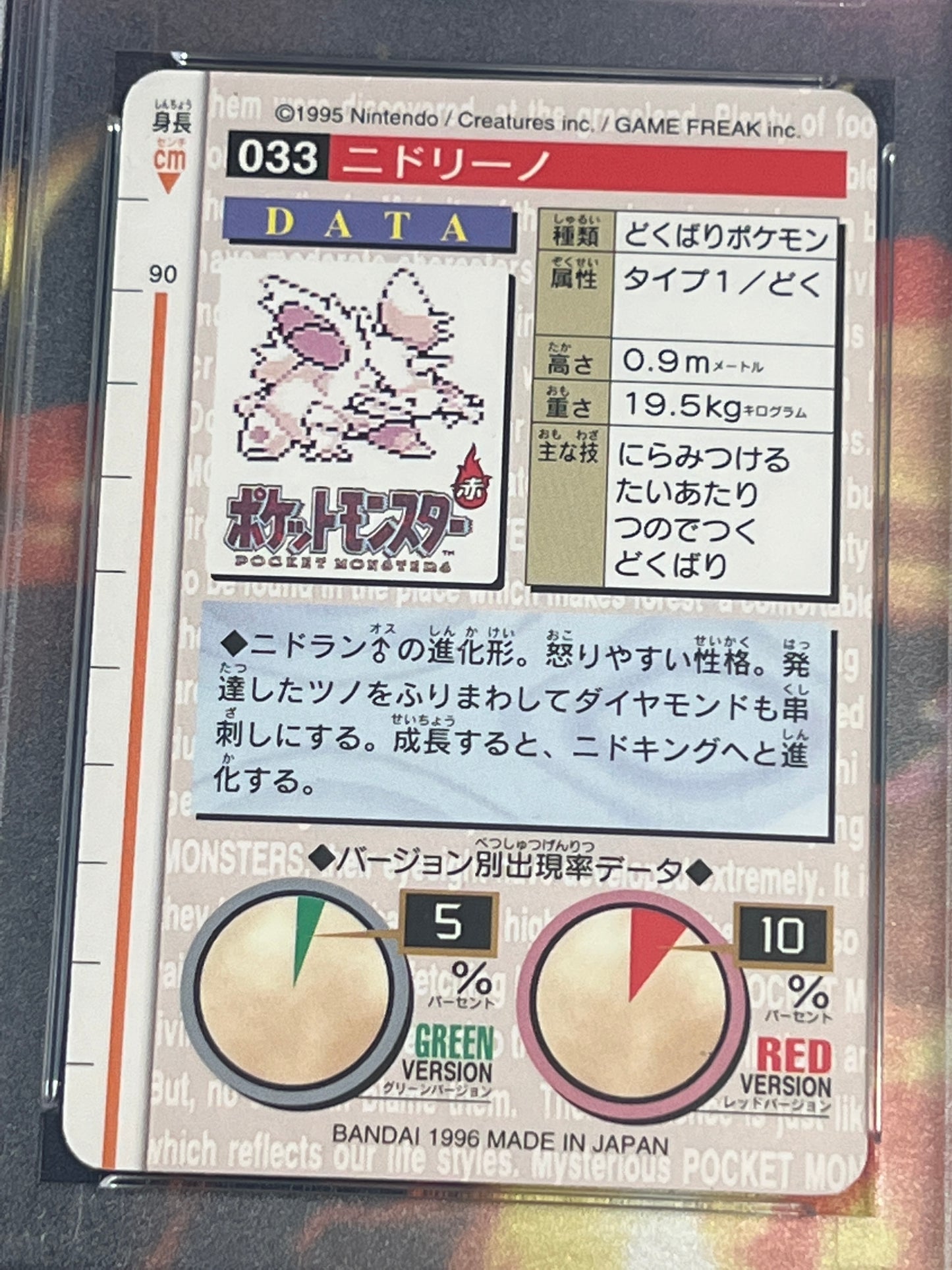 1996 Pokemon Japanese - Nidorino - Bandai - Carddass Vending - Graded PSA 7 - #33