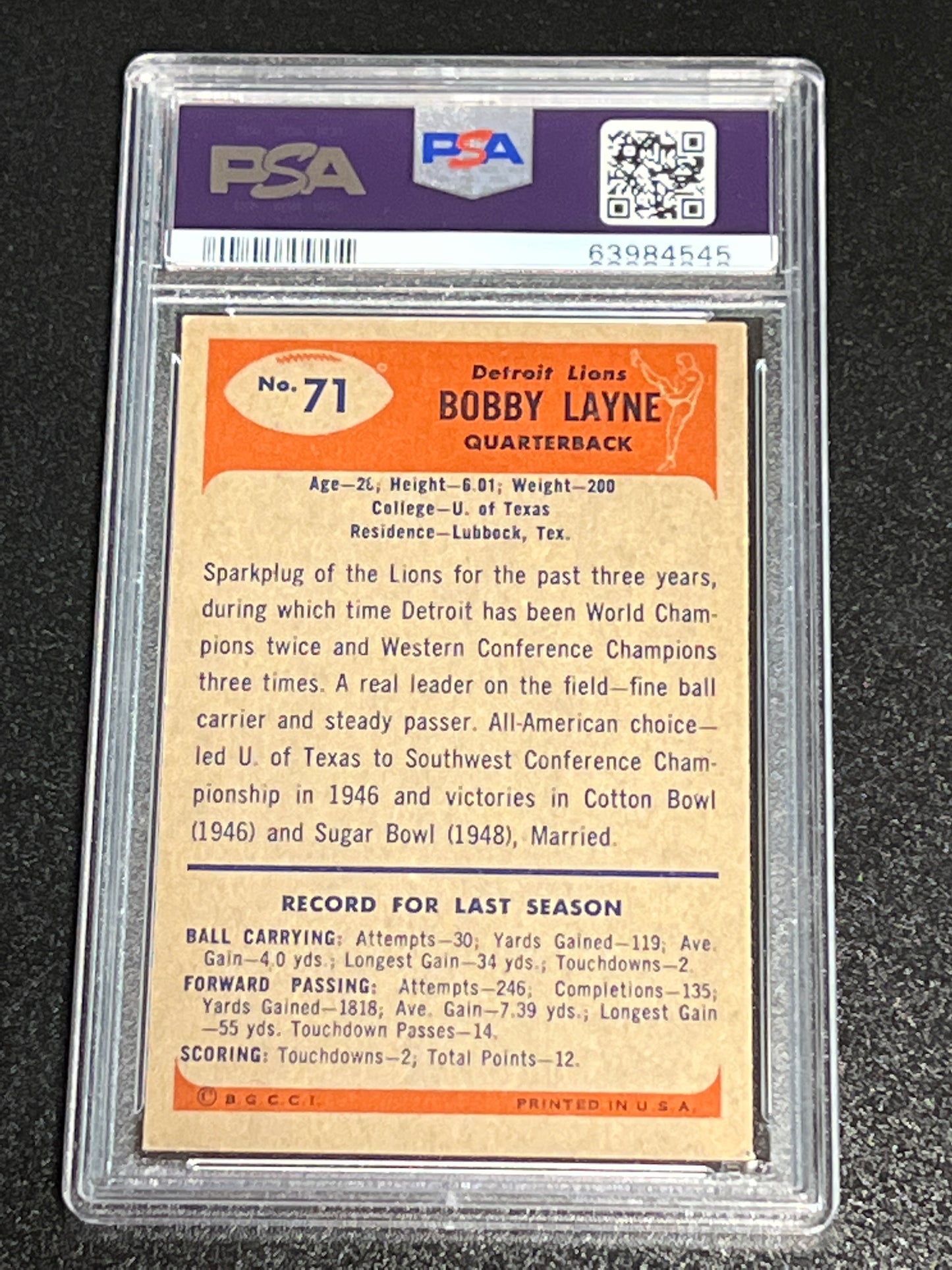 1955 Bowman BOBBY LAYNE  - #71 - PSA 5