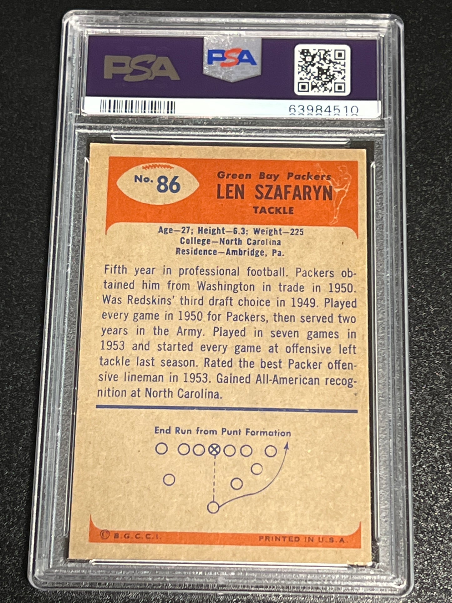 1955 Bowman LEN SZAFARYN (Printed as "Ben") - PSA 5