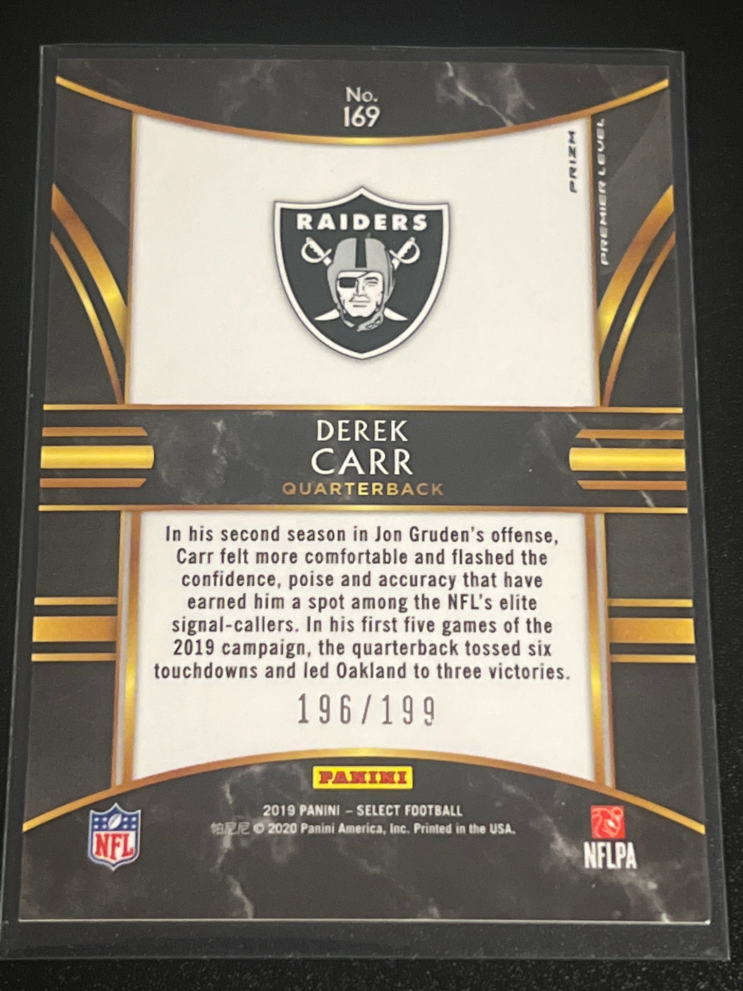 2019  Panini Select DEREK CARR - 196/199 - #169