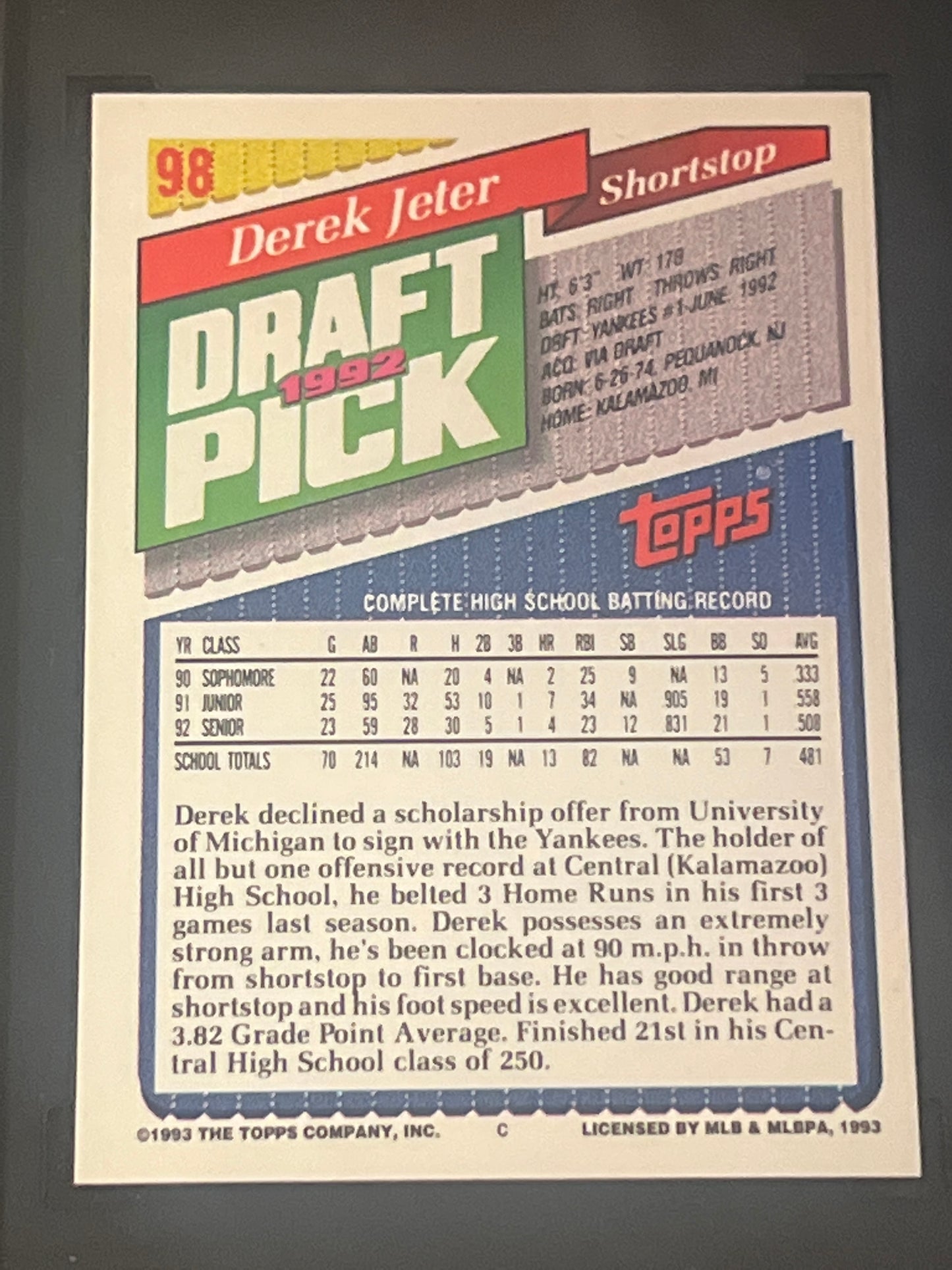 1993 Topps - DEREK JETER - #98 Gold - SGC 8.5