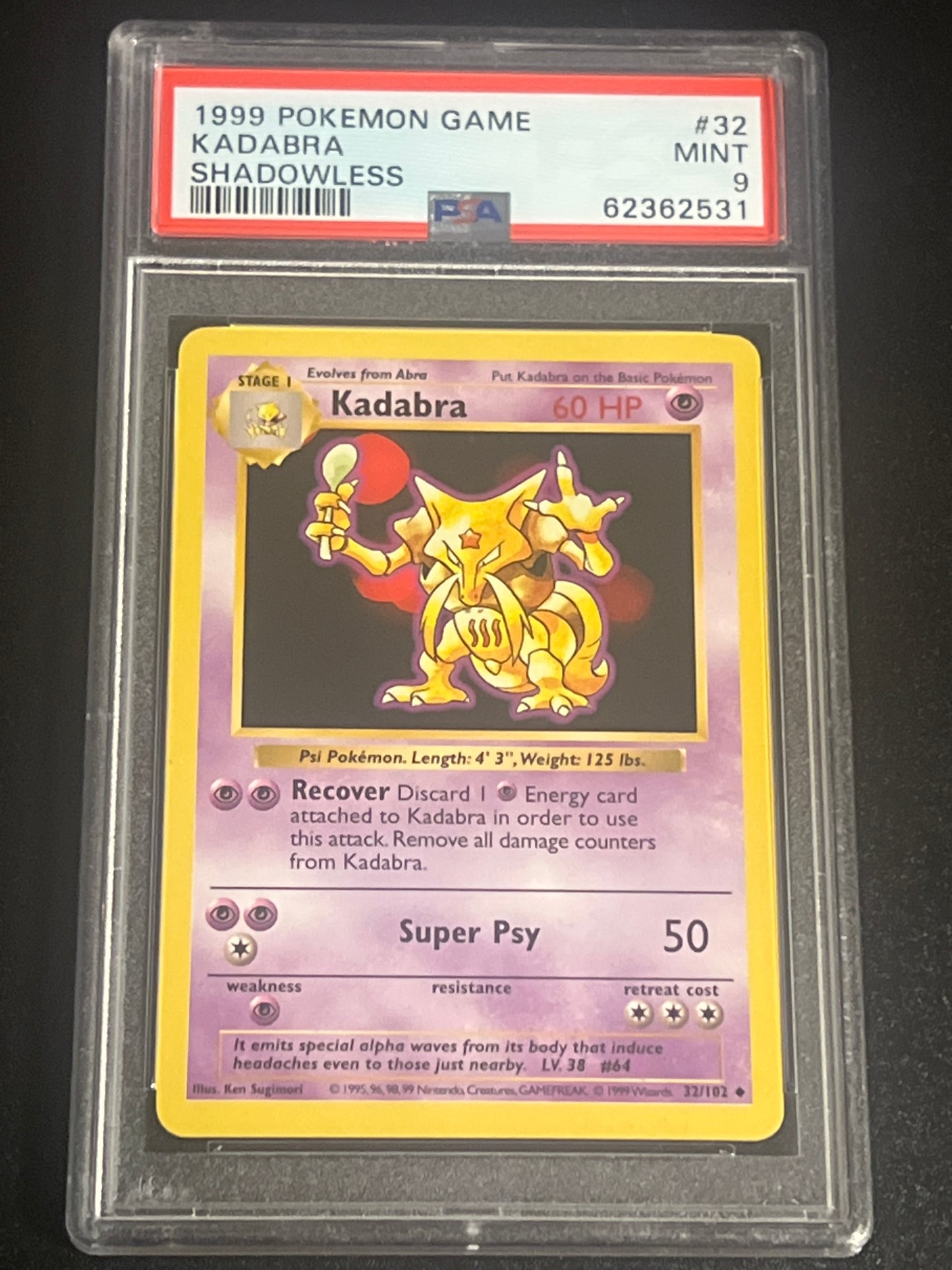 1999 Pokemon Game KADABRA - Shadowless - PSA 9