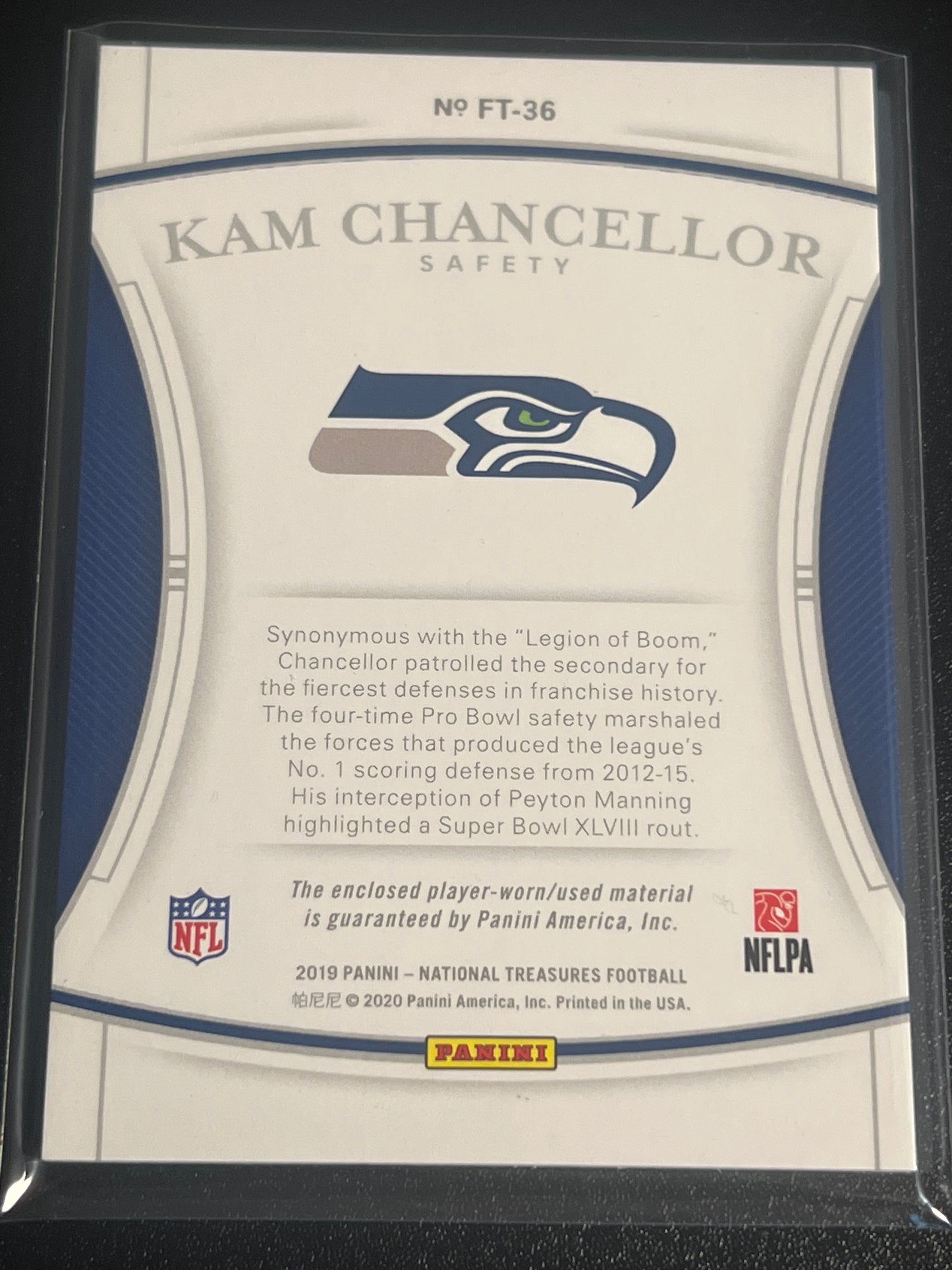 2019 Panini Nat. Treas. KAM CHANCELLOR 15/99 #FT-36