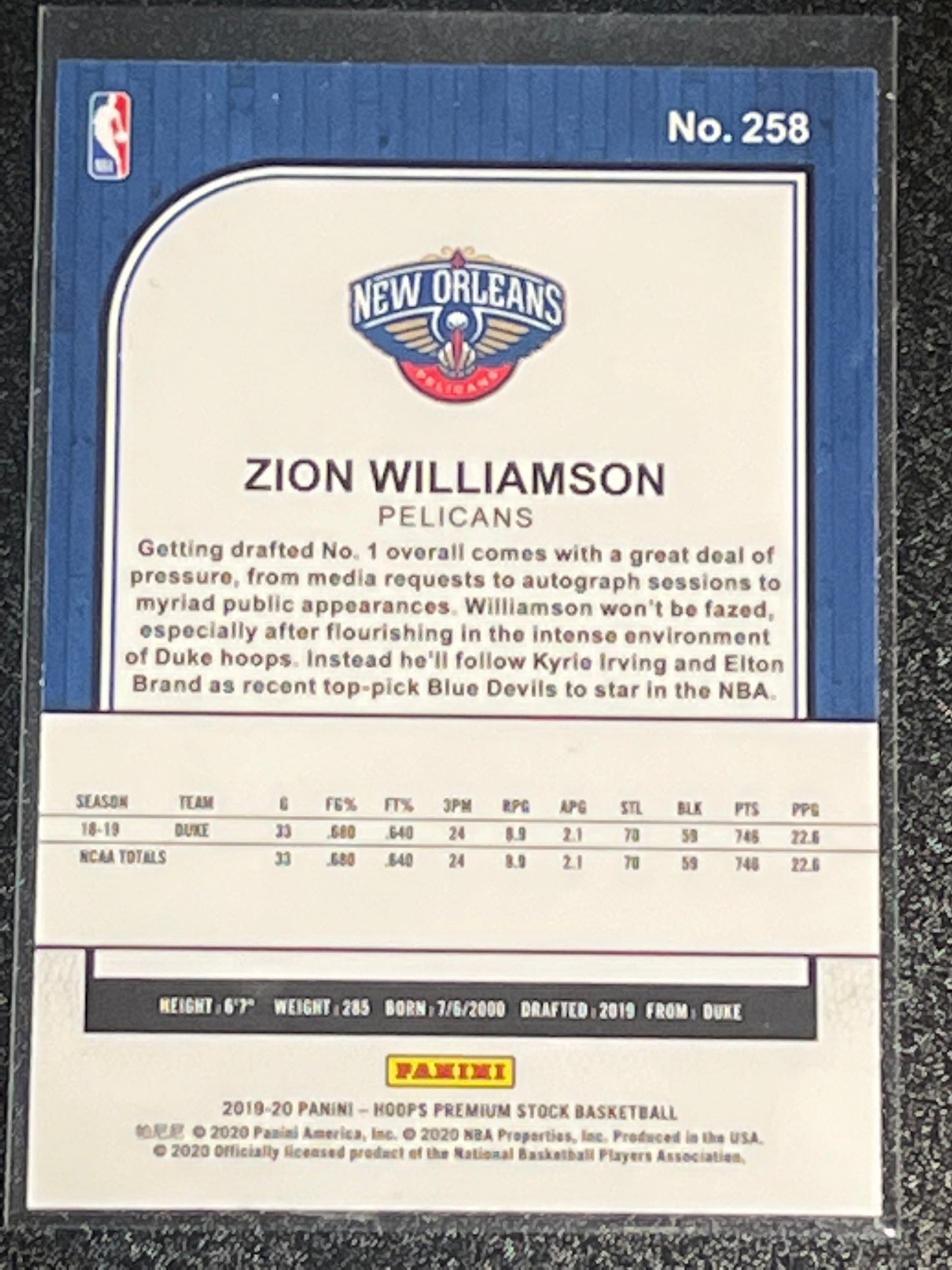 2019-20 Panini NBA Hoops - ZION WILLIAMSON - RC - #258