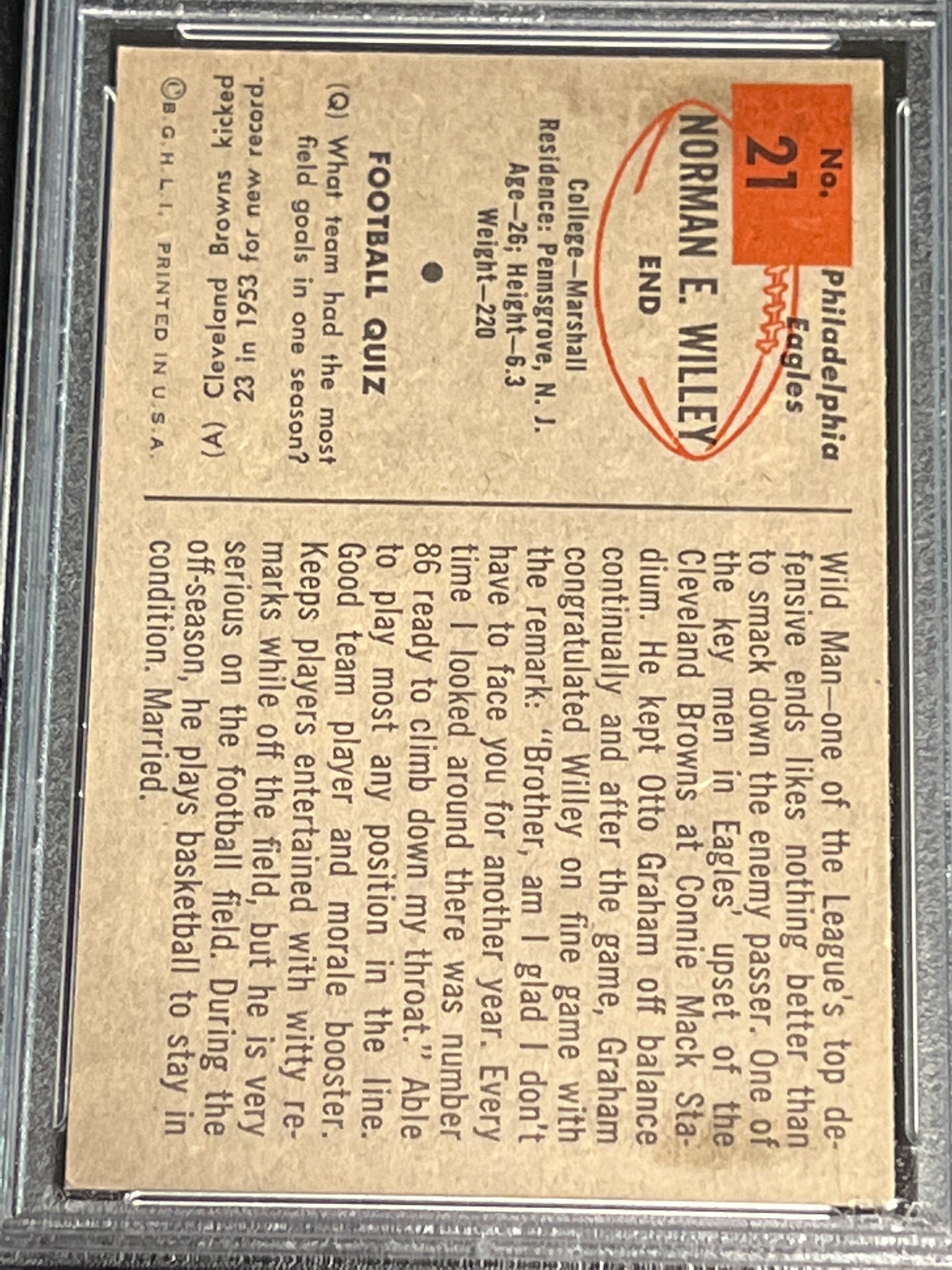 1954 Bowman NORM WILLEY - RC - #21 - PSA 5