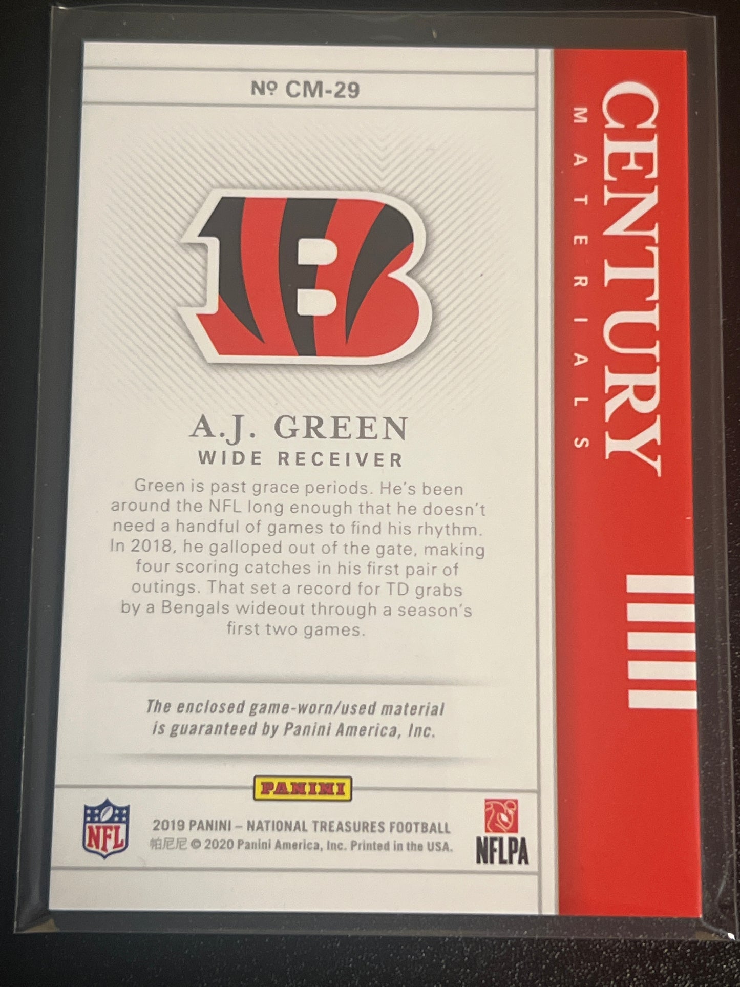 2019 Panini Nat. Treas. A.J. GREEN - Patch Card - 25/99 - #CM-29