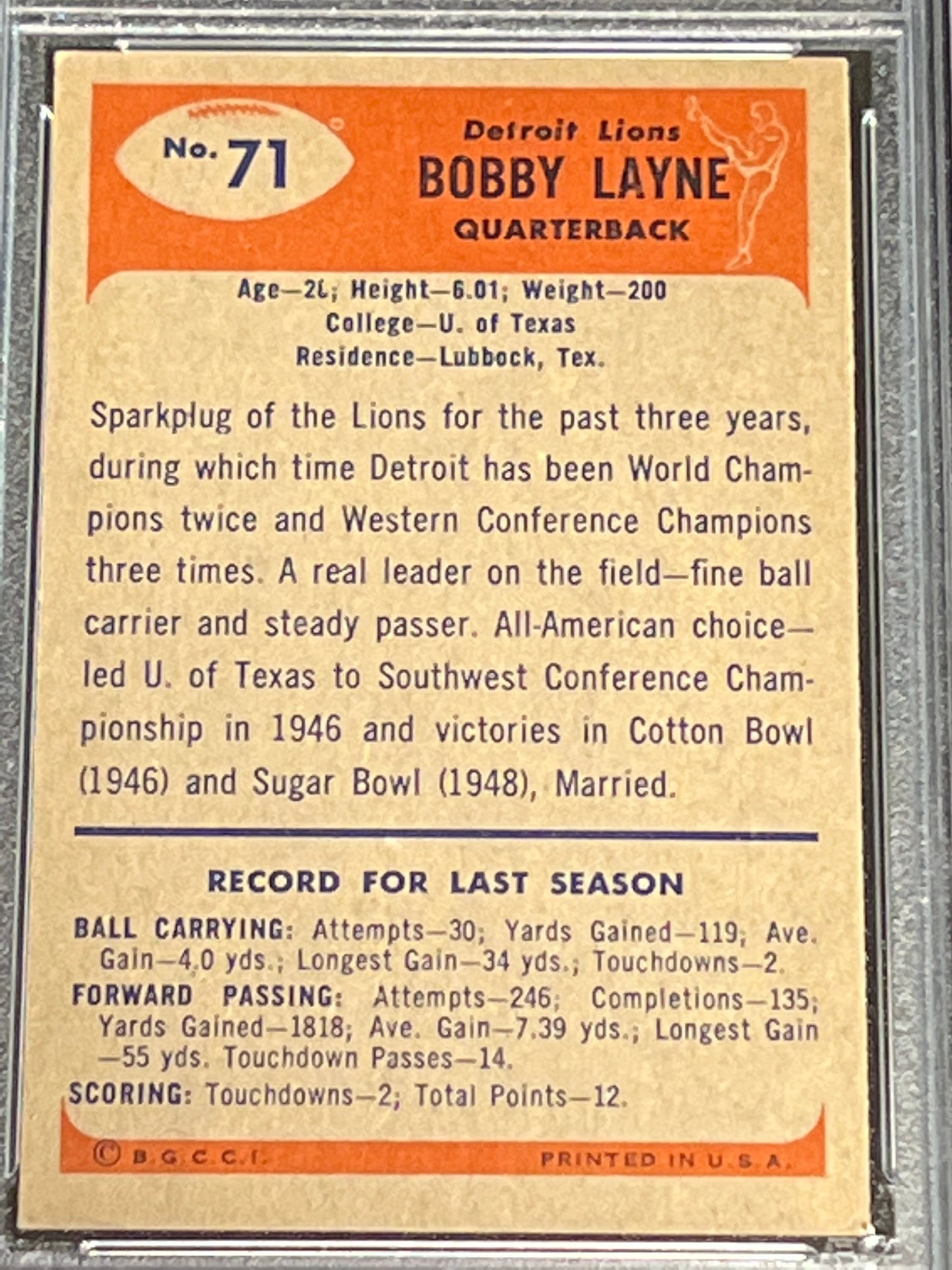 1955 Bowman BOBBY LAYNE  - #71 - PSA 5