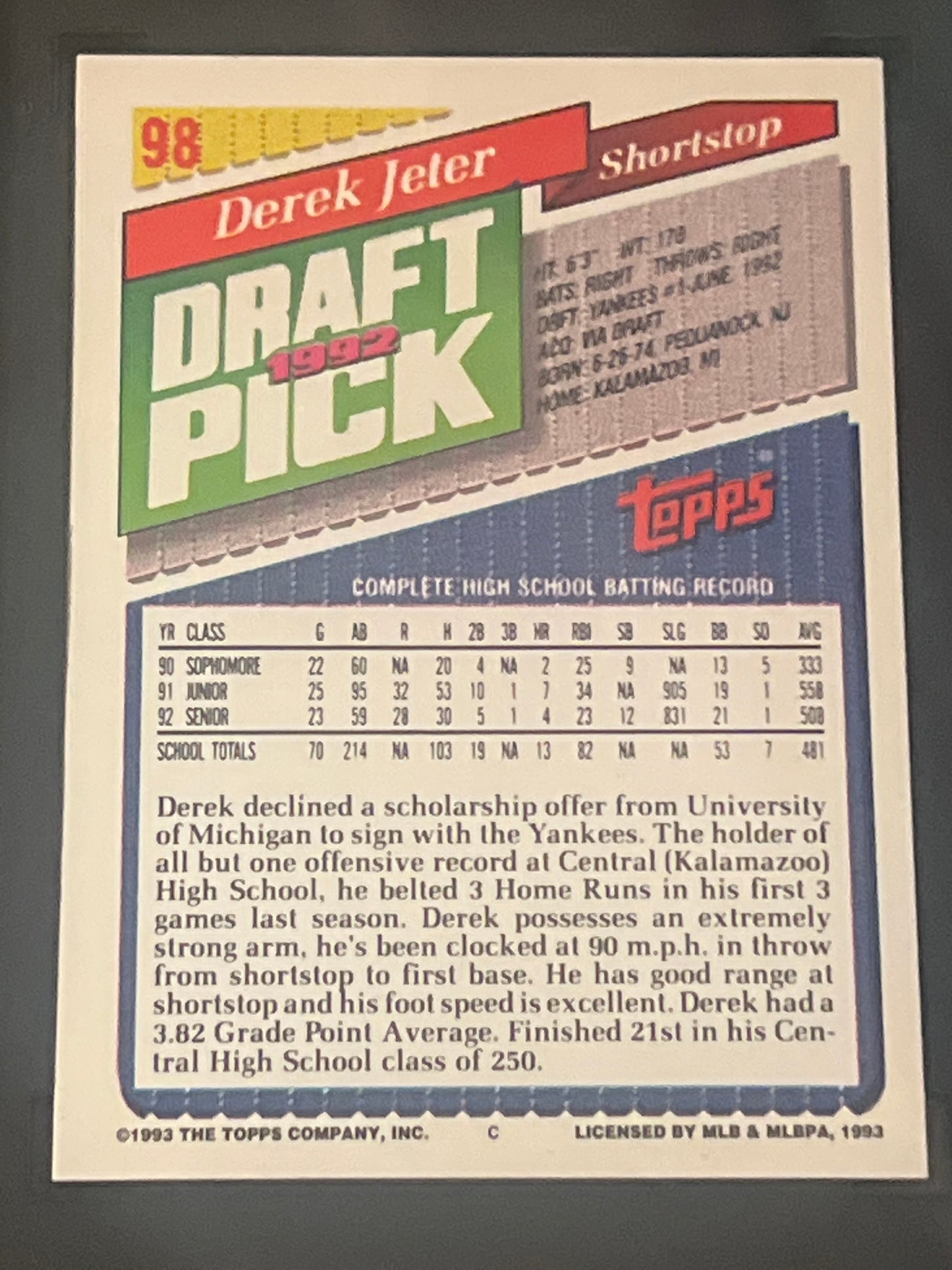 1993 Topps - DEREK JETER - #98 Gold  - SGC 9