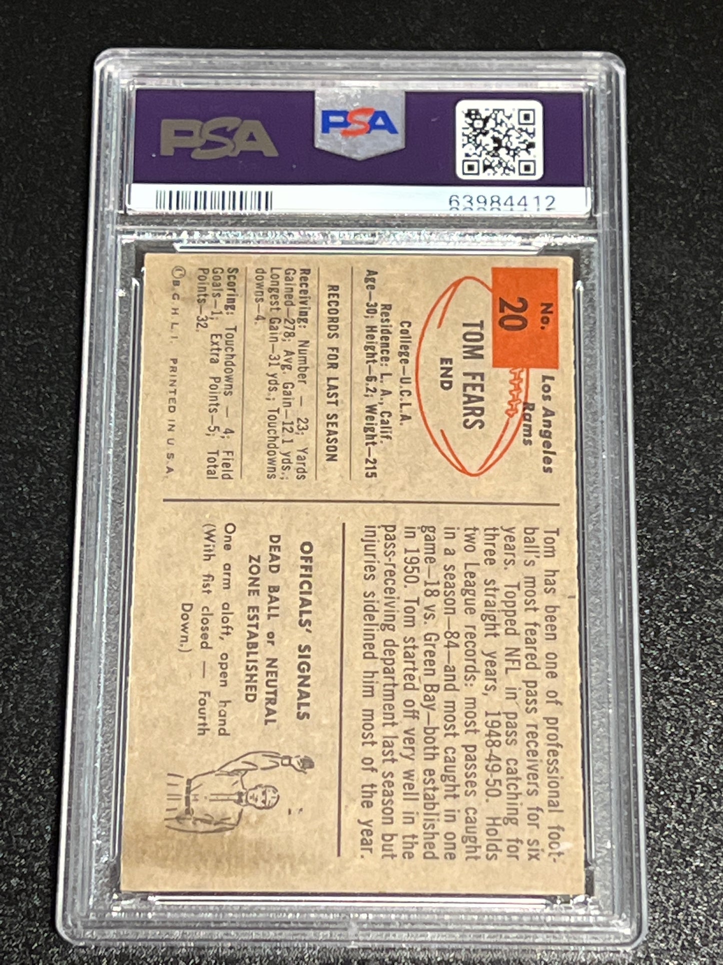 1954 Bowman TOM FEARS - #20 - PSA 5