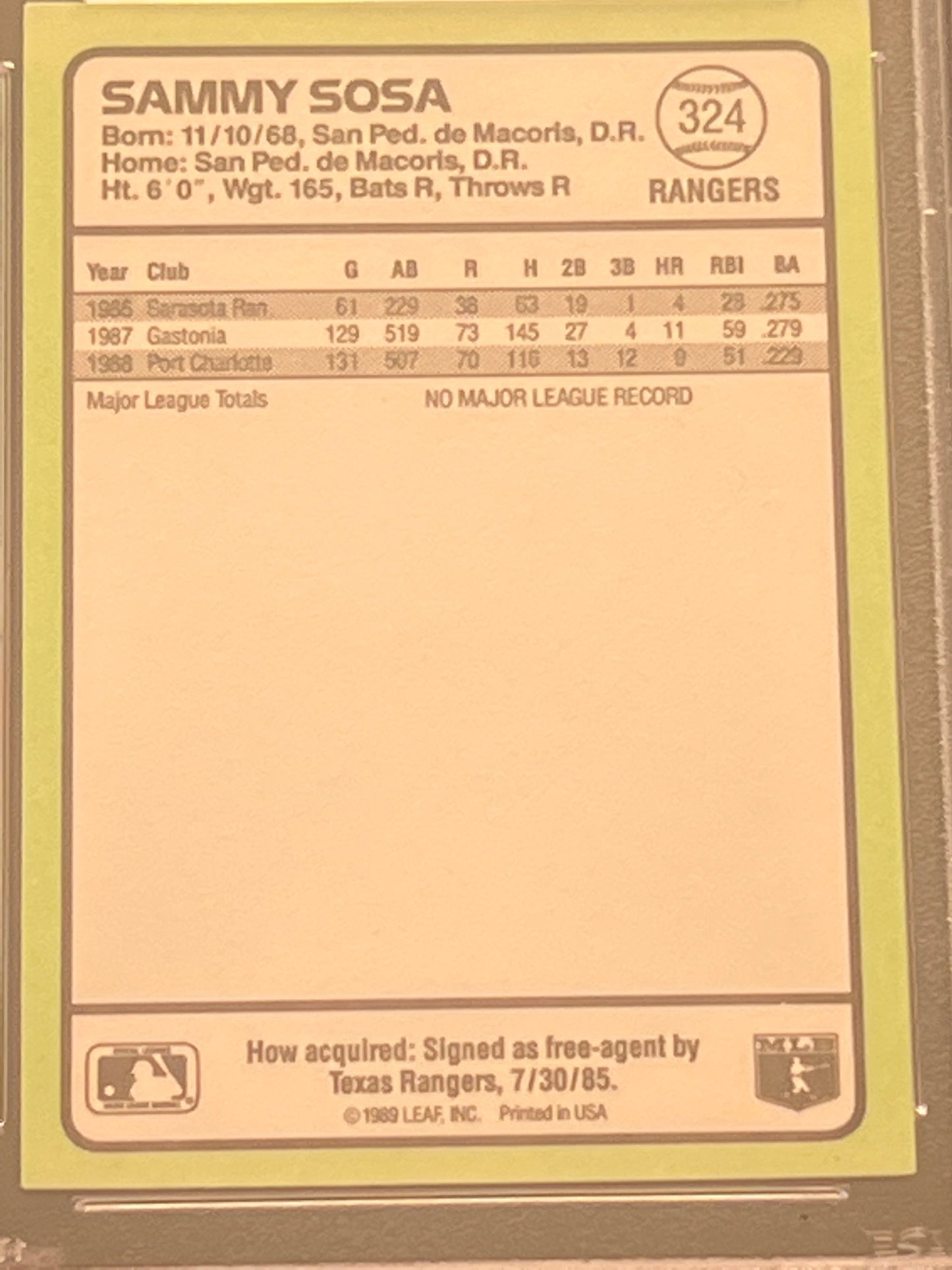 1989 Donruss SAMMY SOSA - #324 - PSA 8 NM-MT