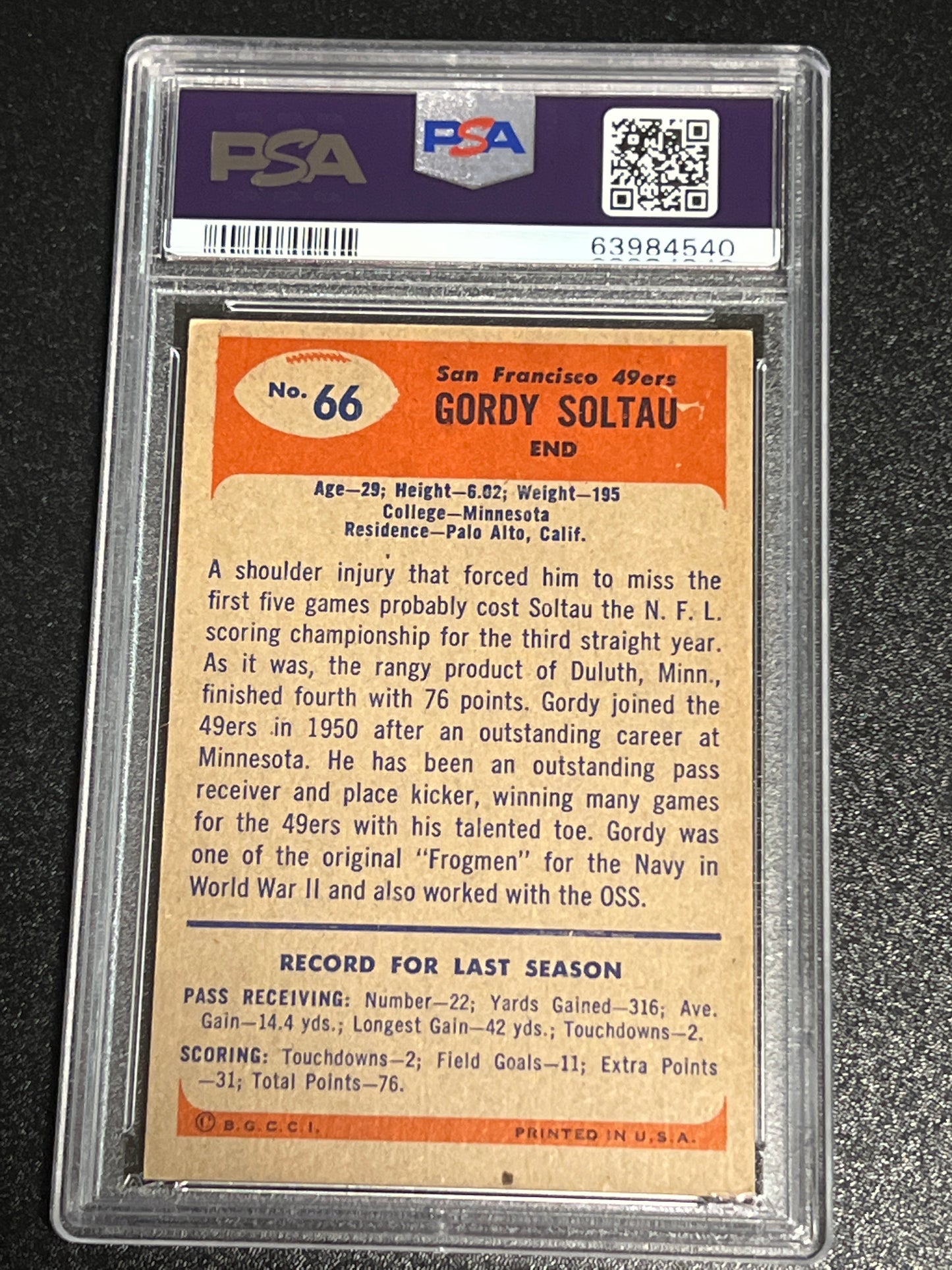 1955 Bowman GORDON SOLTAU - #66 - PSA 4