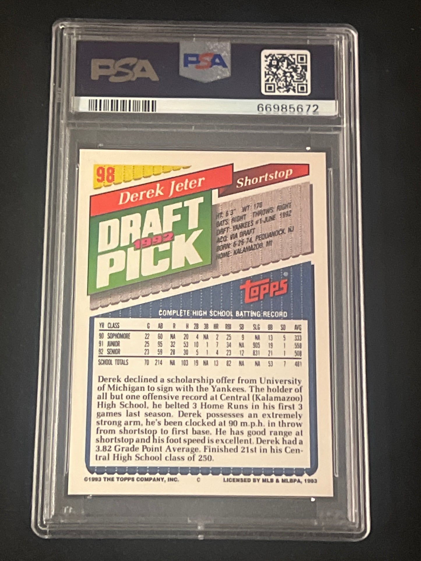 1993 Topps - DEREK JETER - #98  - PSA 9