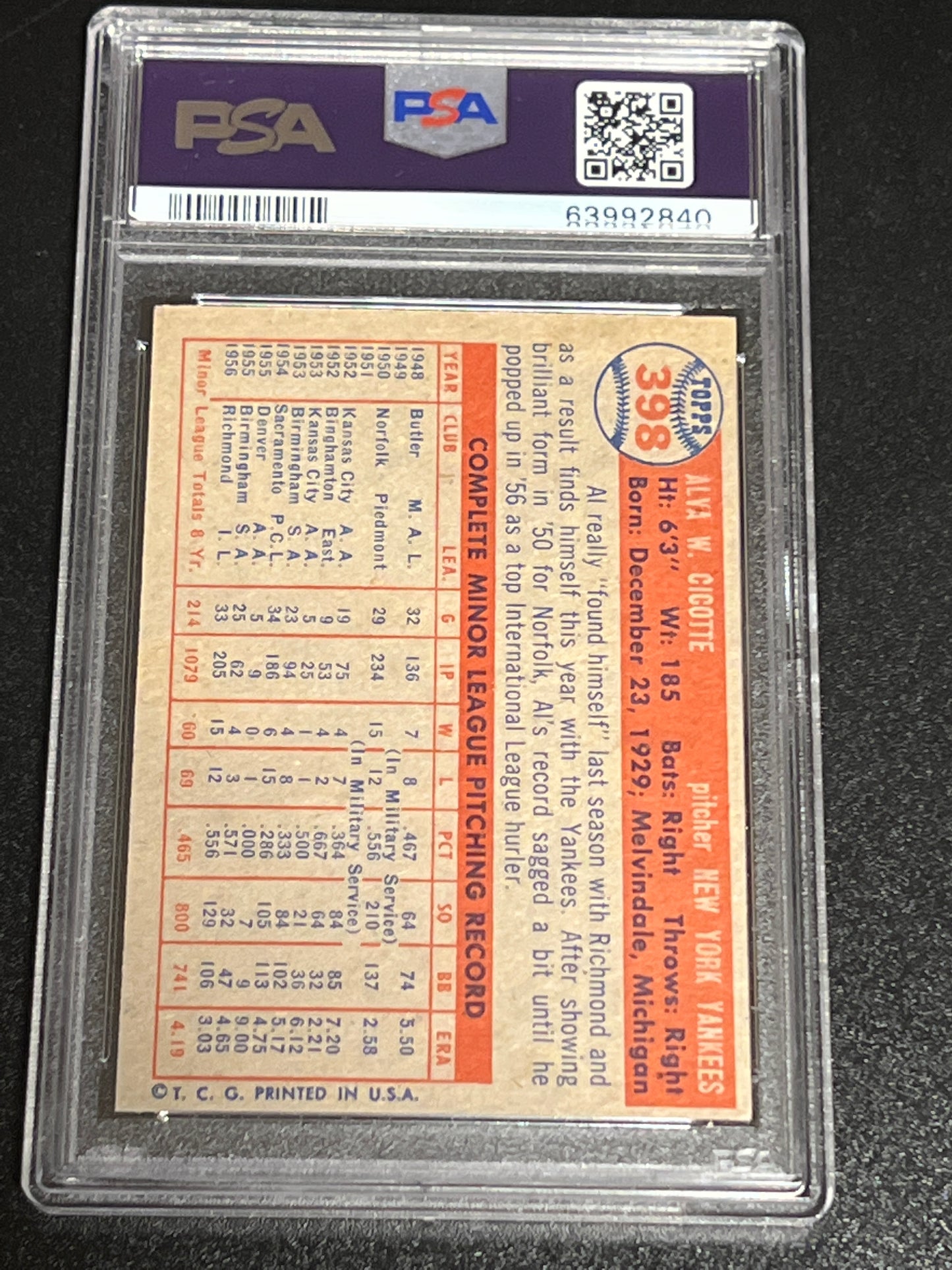 1957 Topps AL CICOTTE - RC - #398 - PSA 6