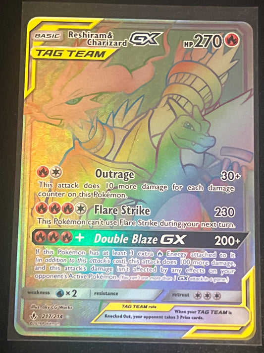 2019 Pokemon Unbroken Bonds RESHIRAM & CHARIZARD GX #217 Rainbow Secret Rare