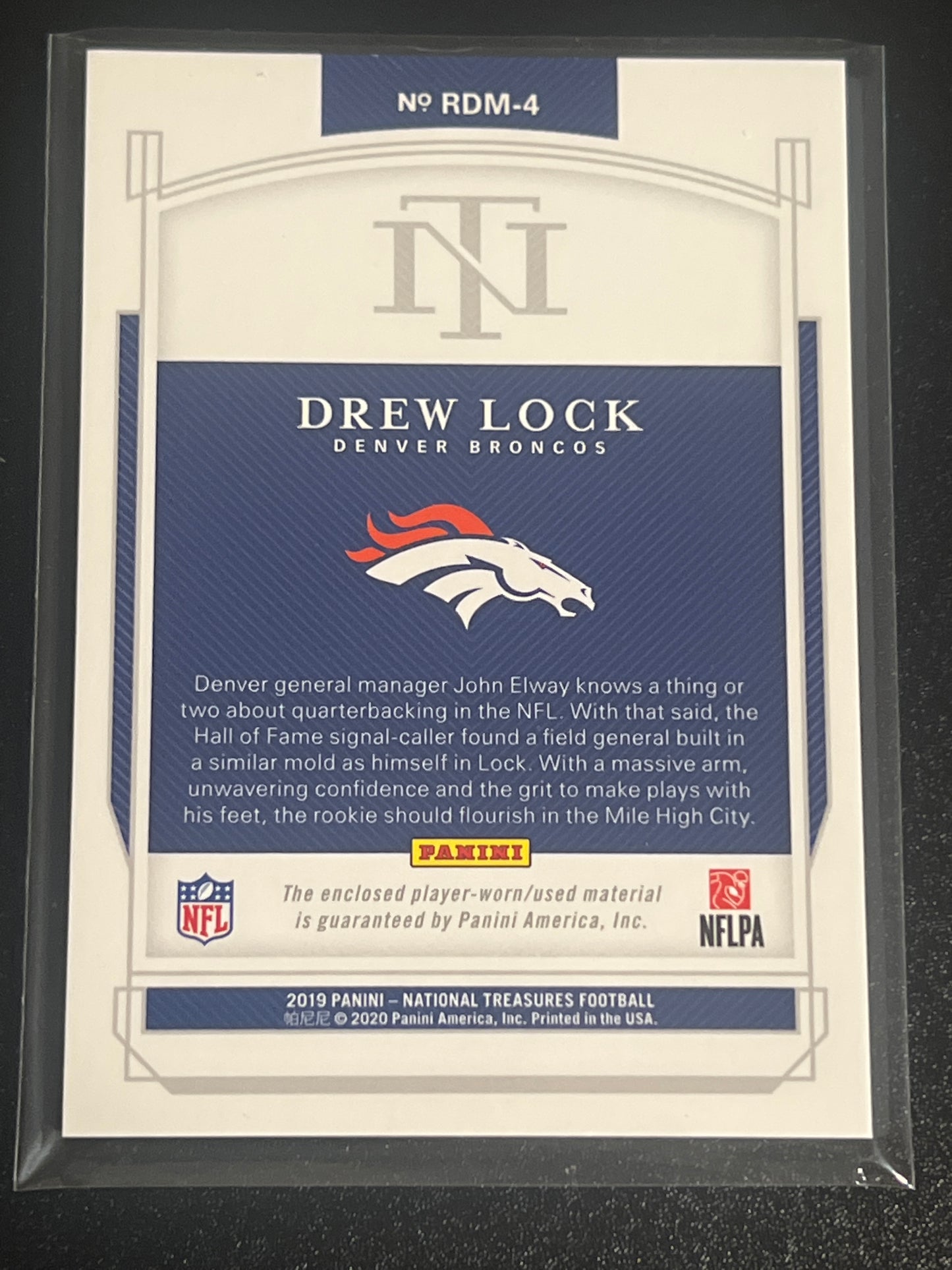 2019 Panini Nat. Treas. DREW LOCK 95/99 Patch Card #RDM-4