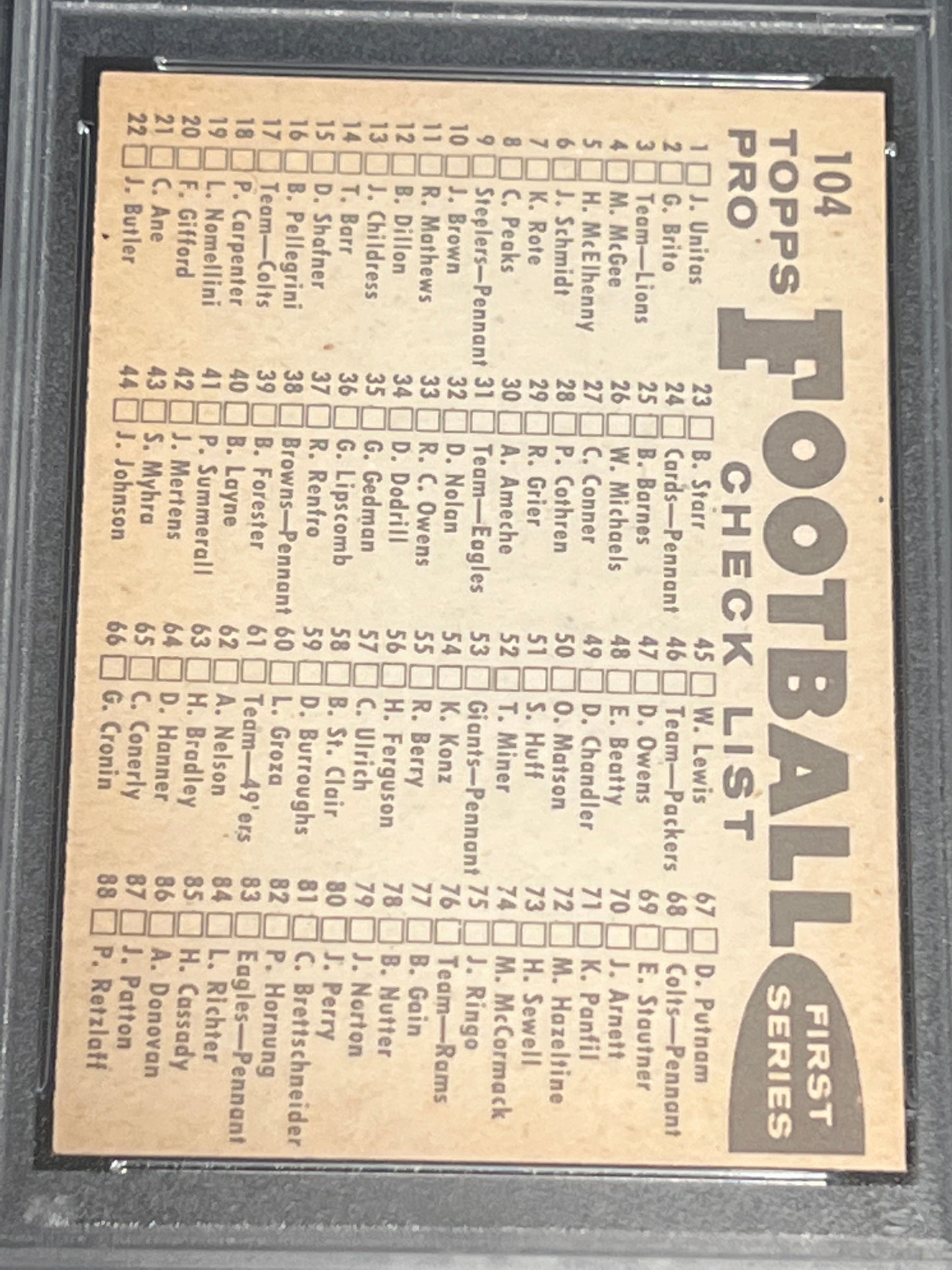 1959 Topps CHICAGO BEARS - Checklist Back - PSA 7