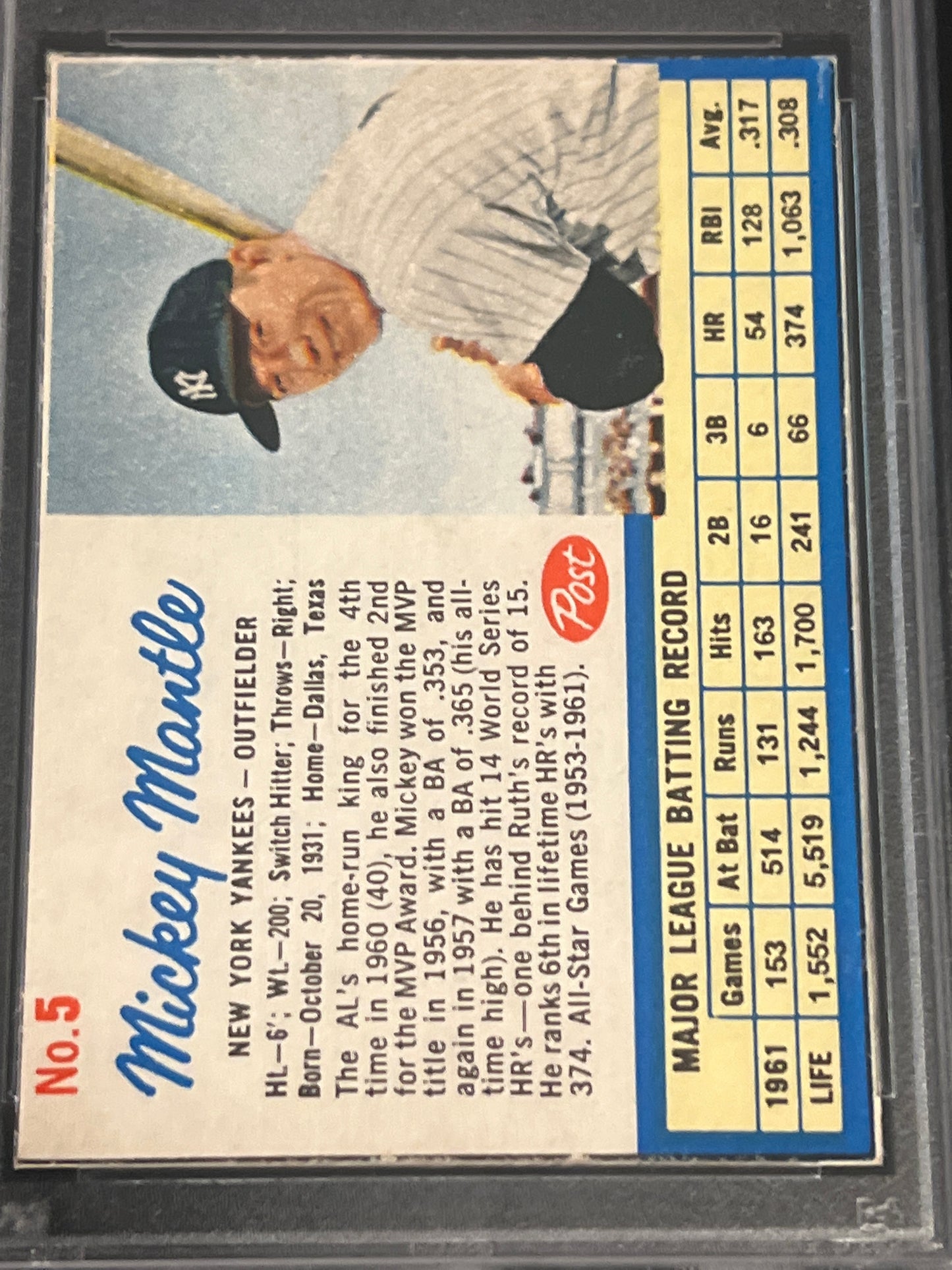 1962 Post Cereal MICKY MANTLE - Hand Cut - PSA 2.5 #5