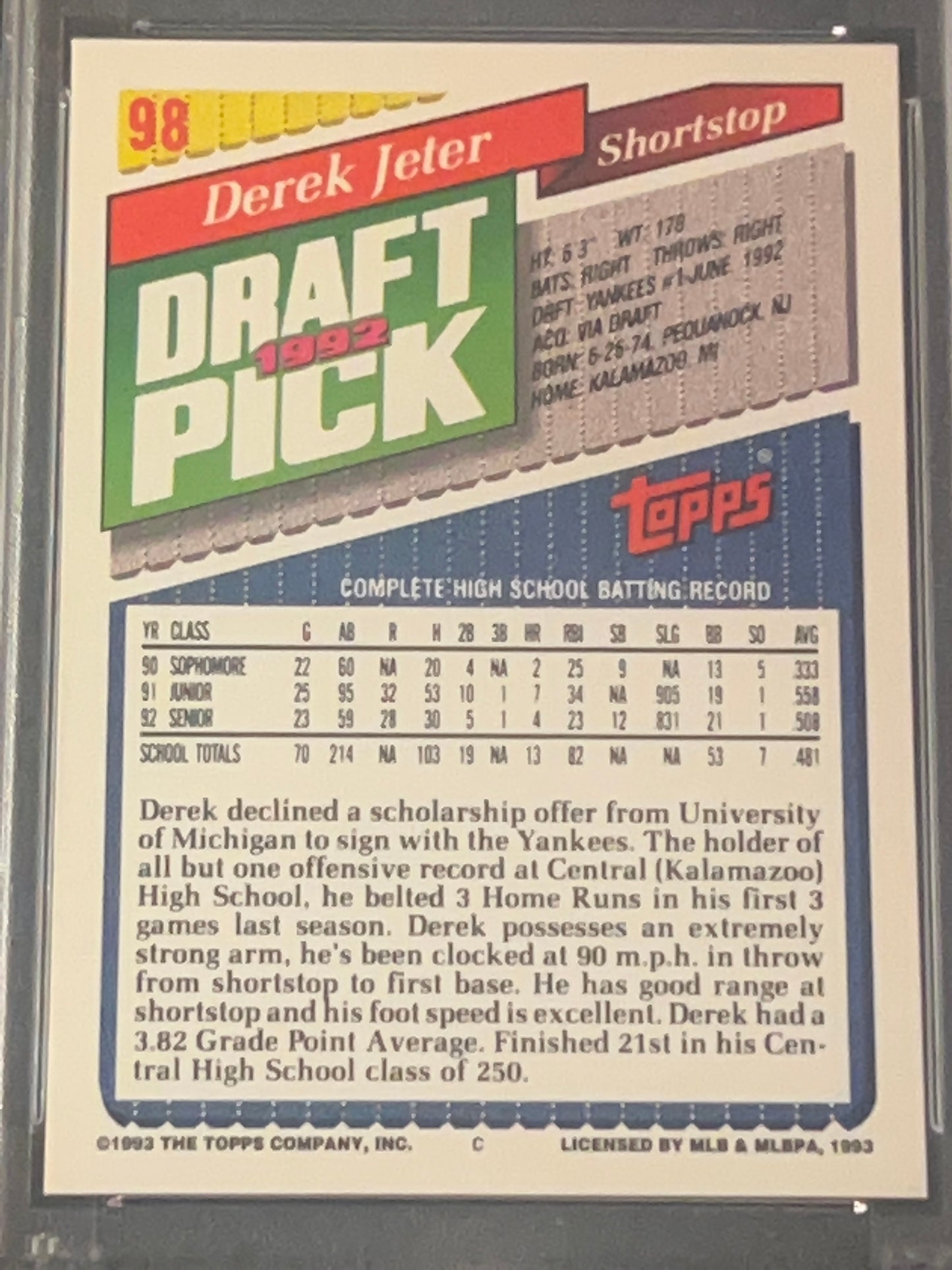 1993 Topps - DEREK JETER - #98  - PSA 9