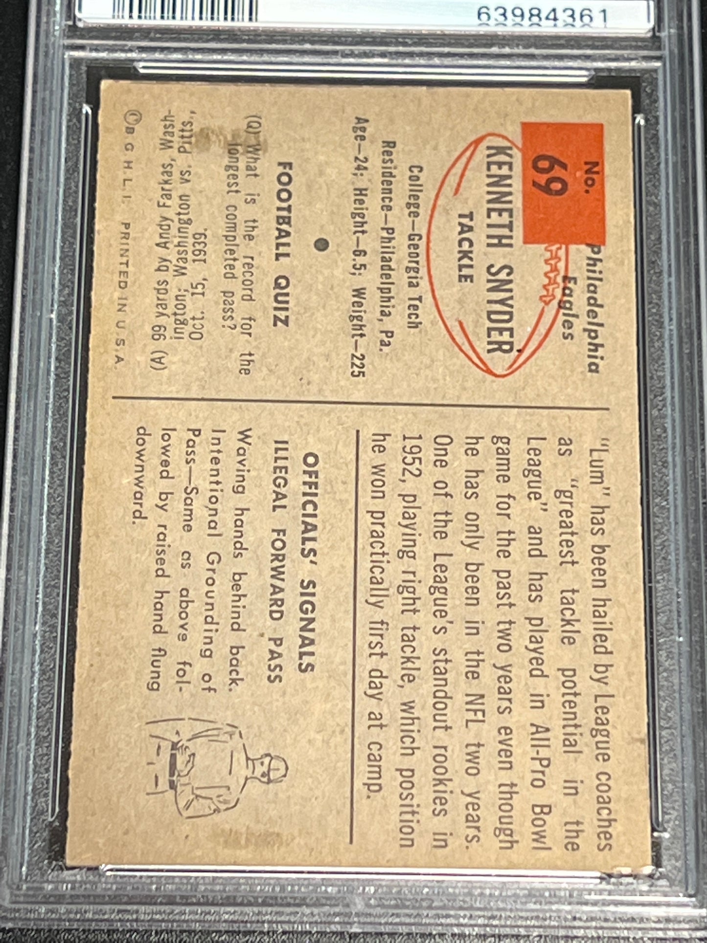 1954 Bowman KENNETH SNYDER  - #69 - PSA 2