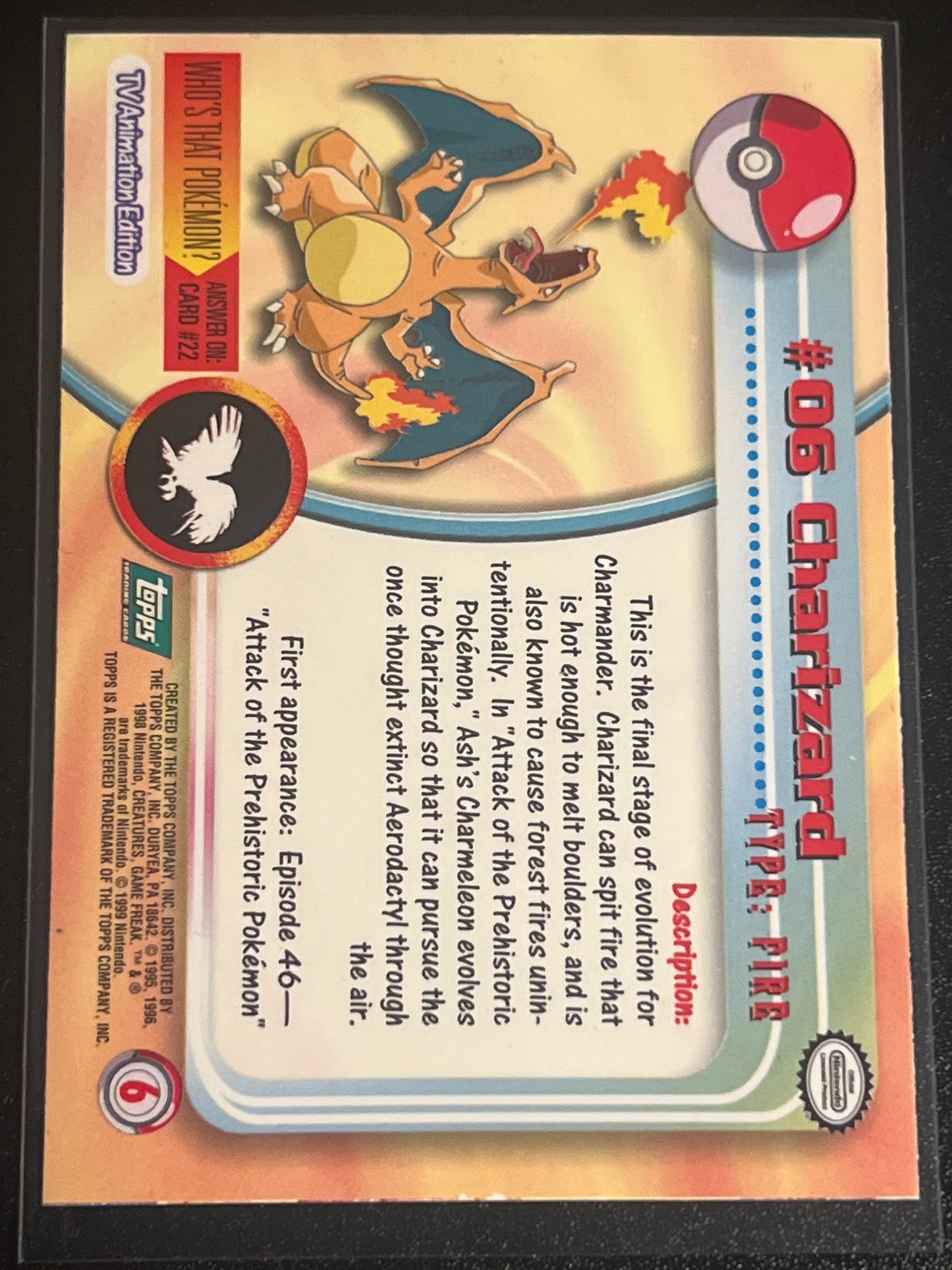 1999 Pokemon CHARIZARD - #6 - Topps - TV Animation Edition