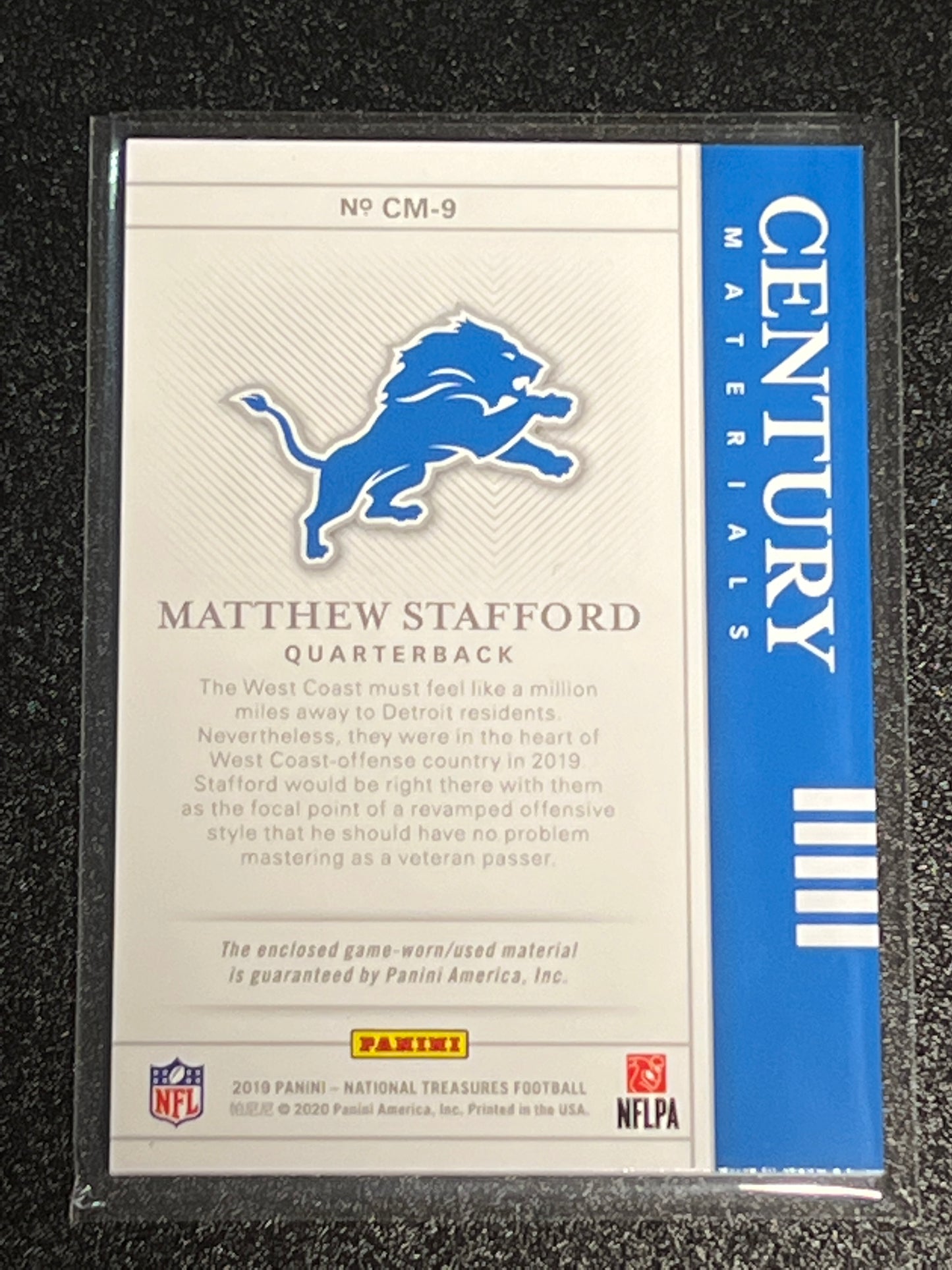 2019 Panini Nat. Treas. MATTHEW STAFFORD - Patch Card - 19/49- #CM-9