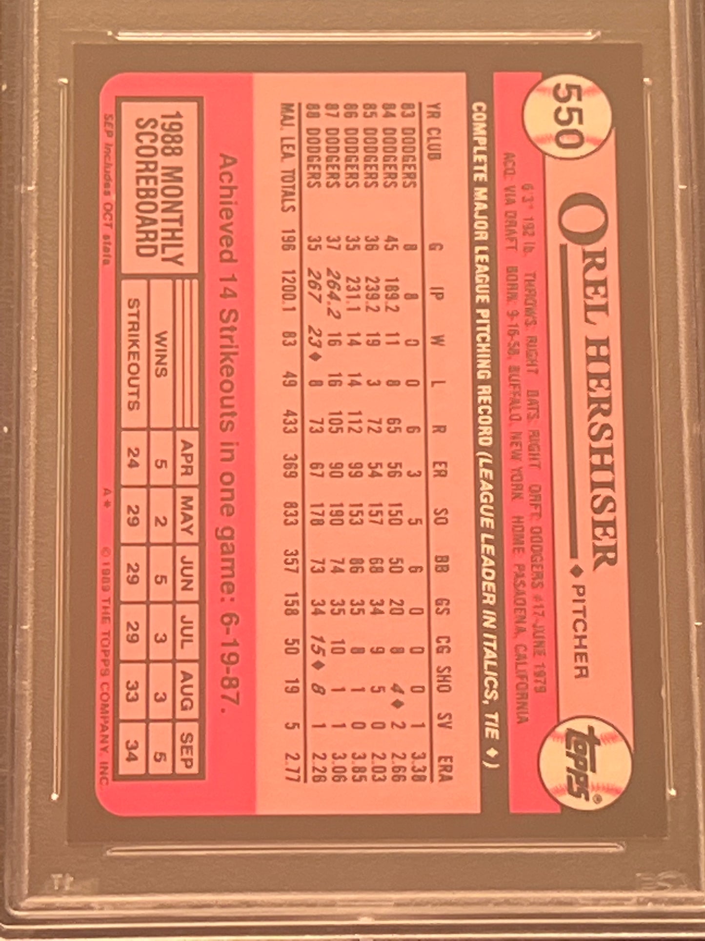 1989 Topps Tiffany OREL HERSHISER - #550 - PSA 8 NM-MT