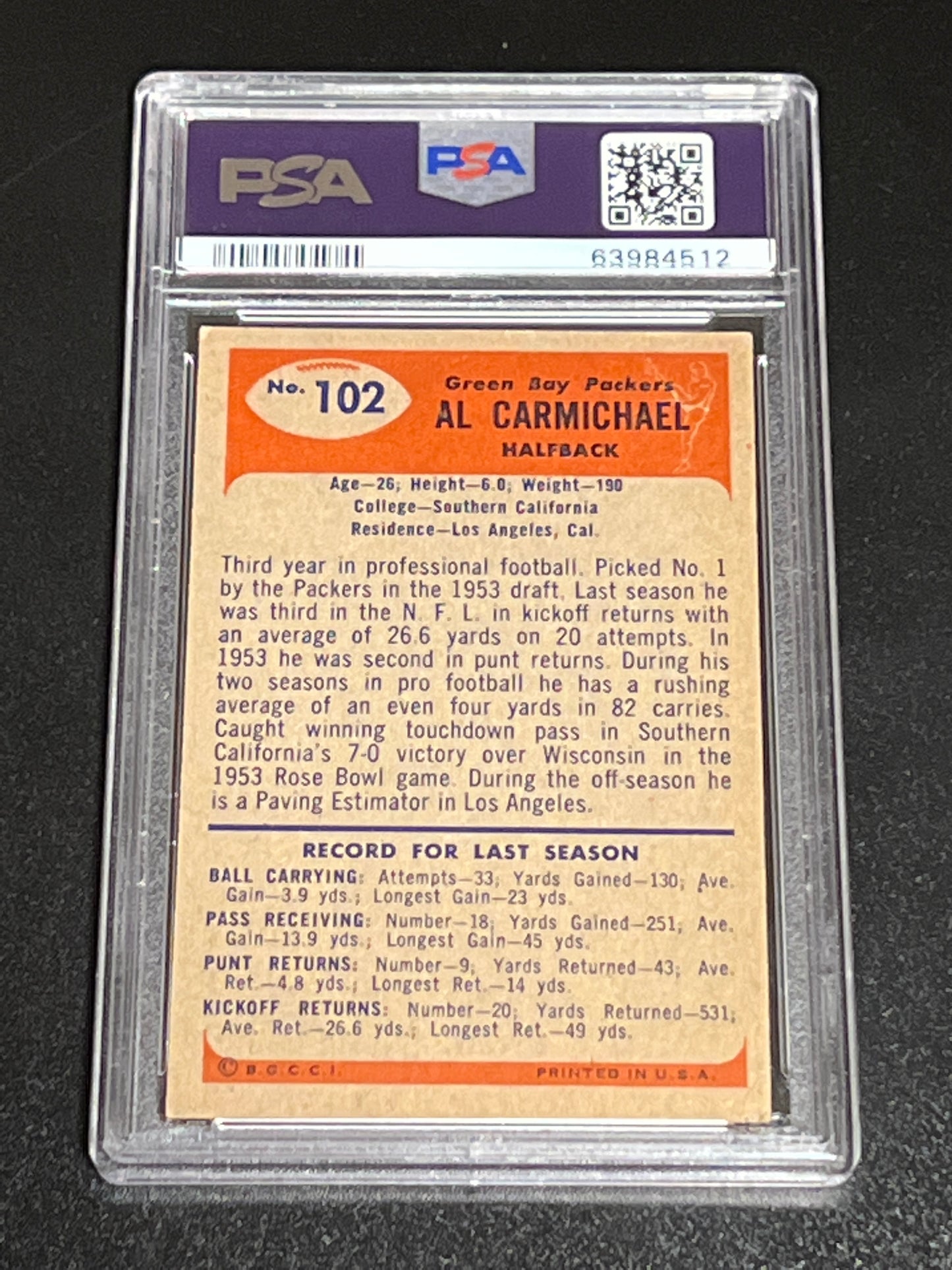 1955 Bowman AL CARMICHAEL - #102 - PSA 6