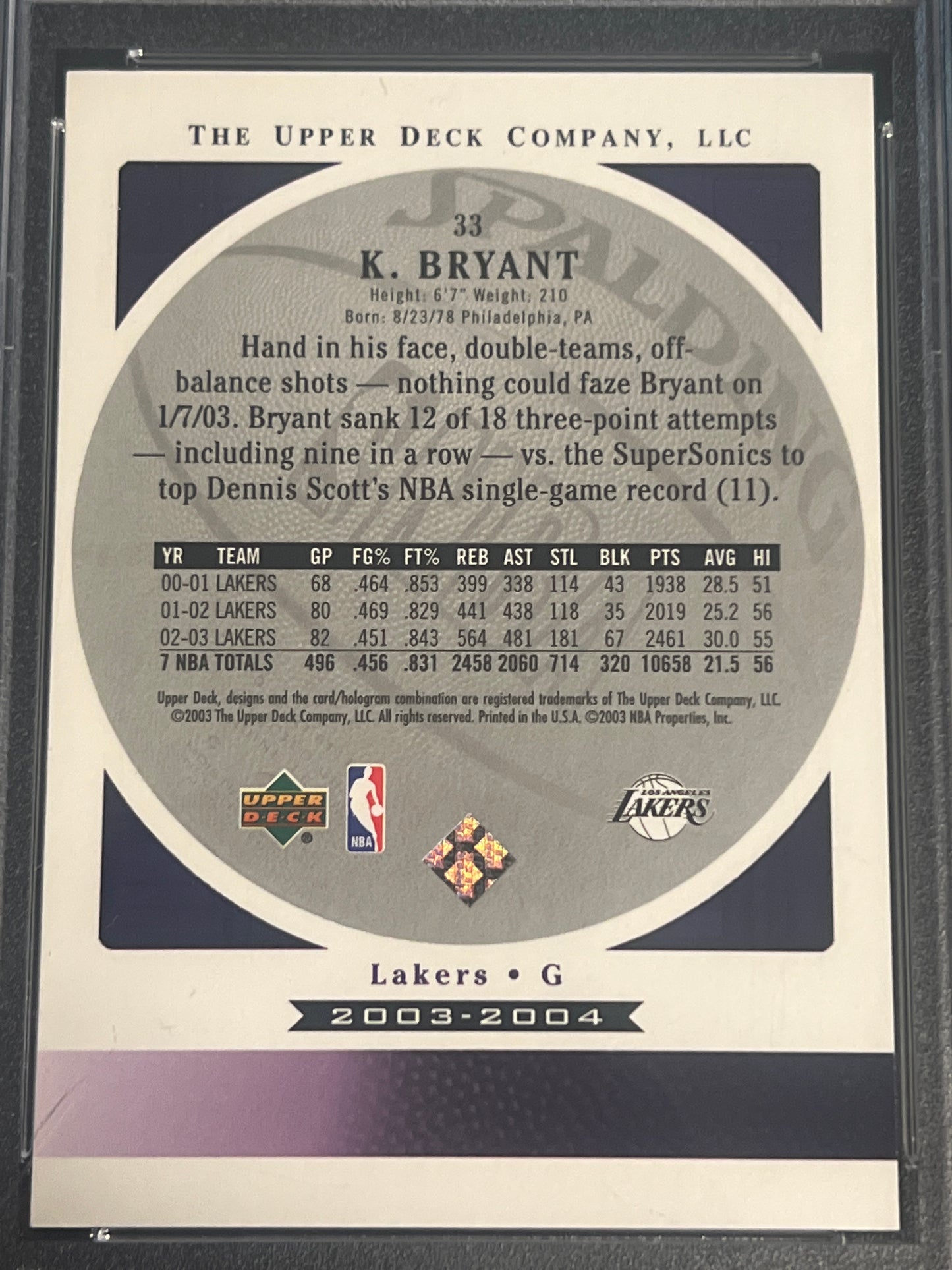 2003 U.D. Standing O! KOBE BRYANT - PSA 10 #33