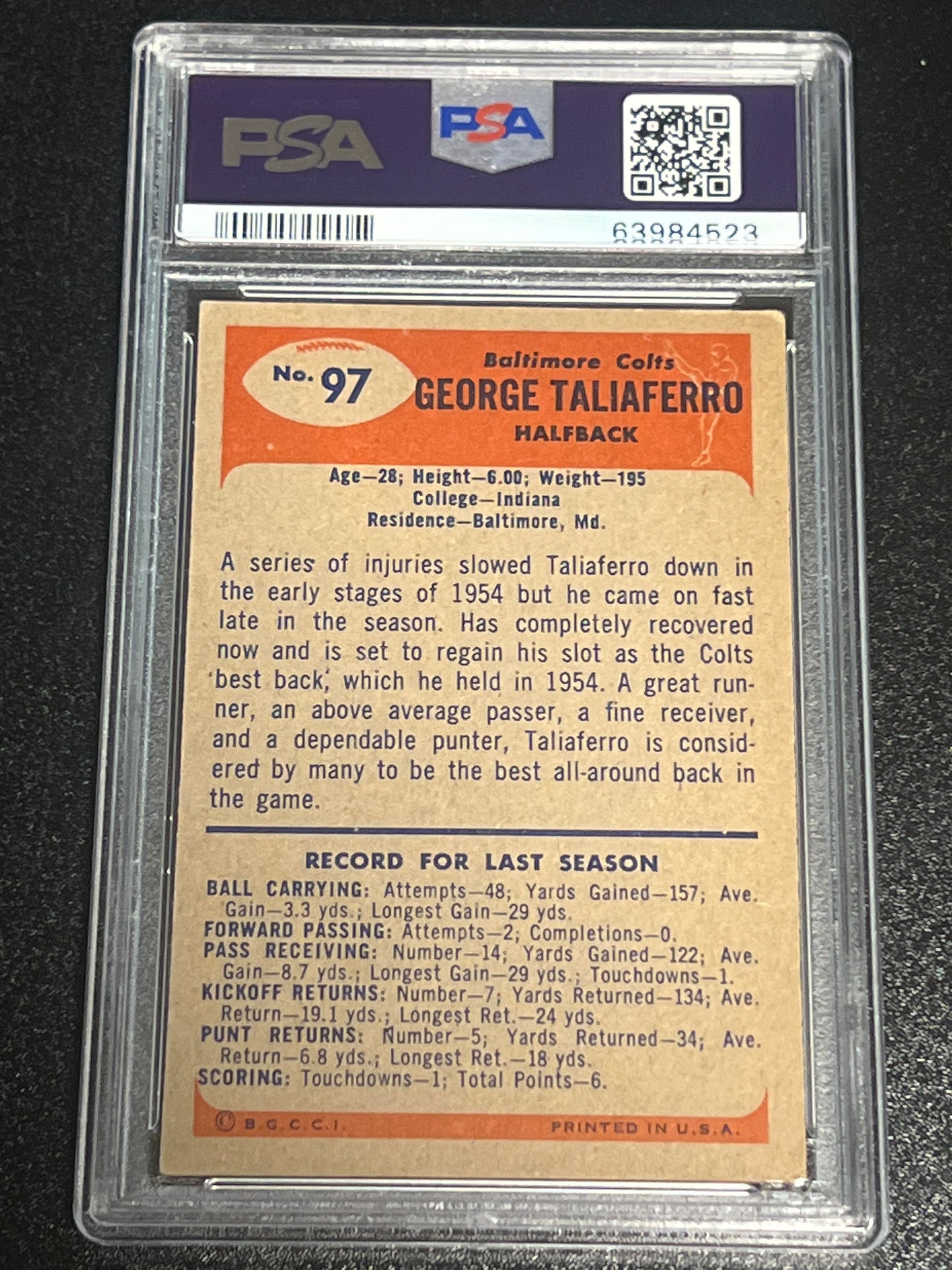 1955 Bowman GEORGE TALIAFERRO - #97 - PSA 4