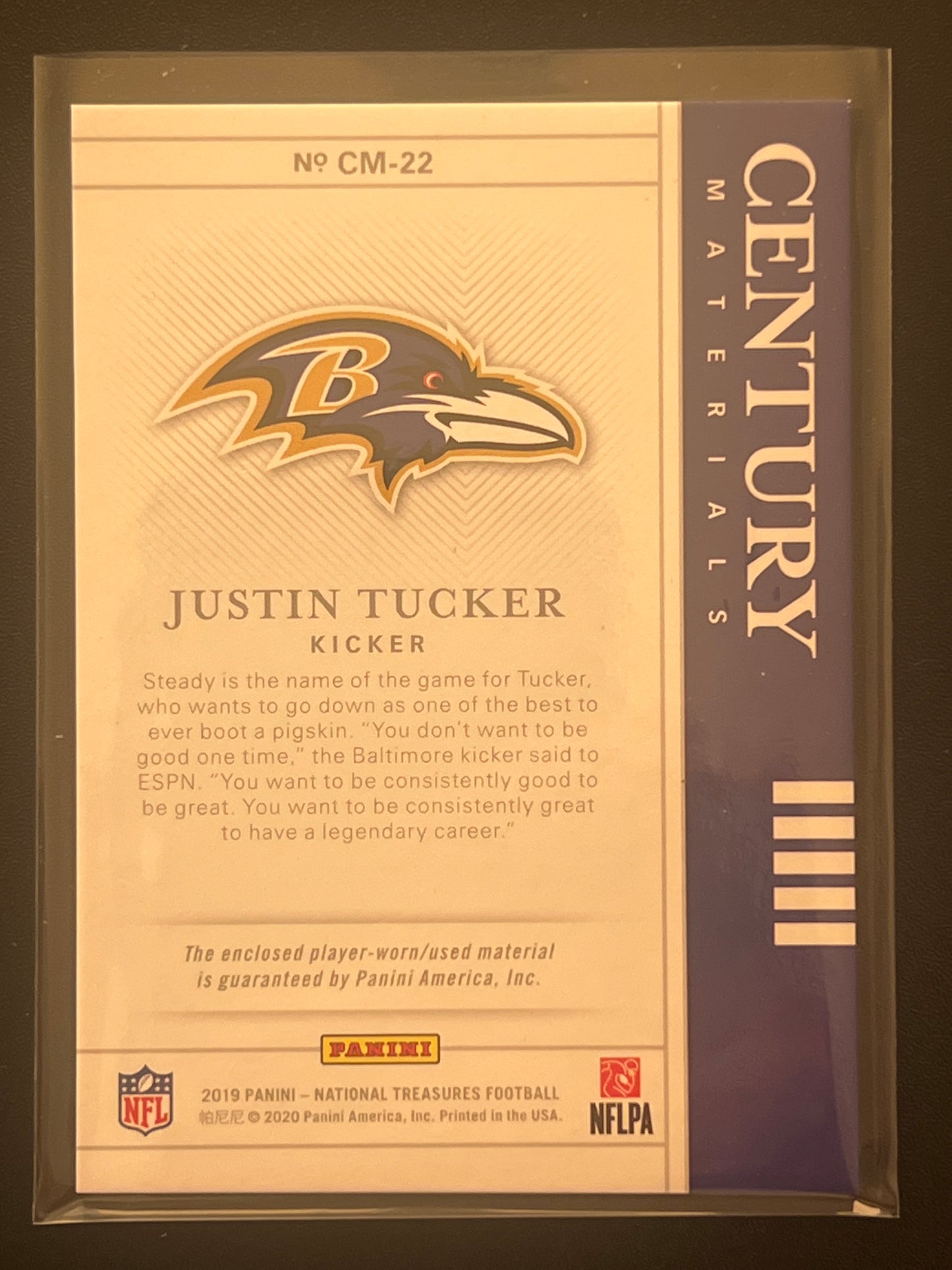 2019 Panini Nat. Treas. JUSTIN TUCKER - Patch Card - 40/99 - #CM-22