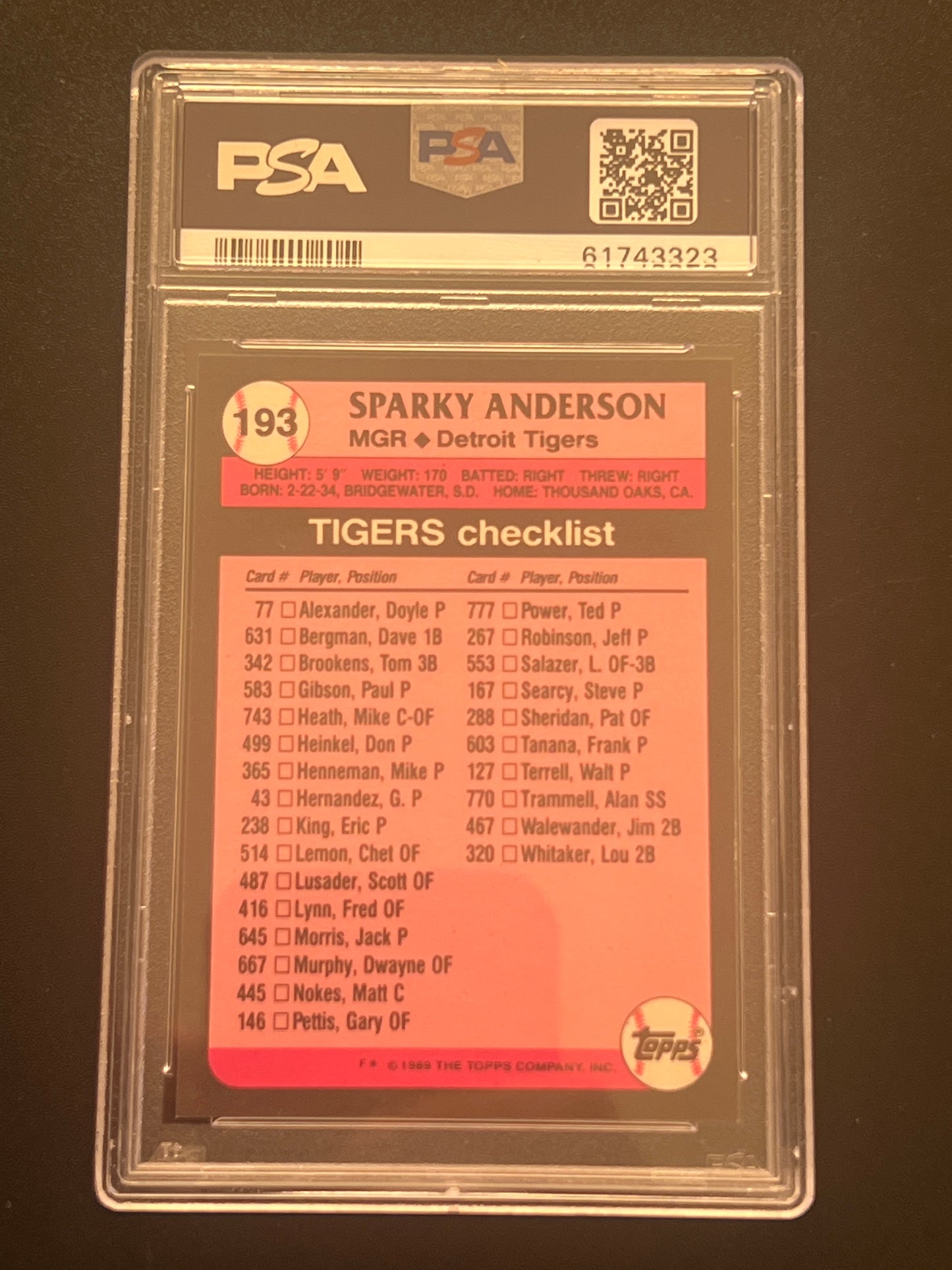 1989 Topps Tiffany SPARK ANDERSON - #193 - PSA 8 NM-MT