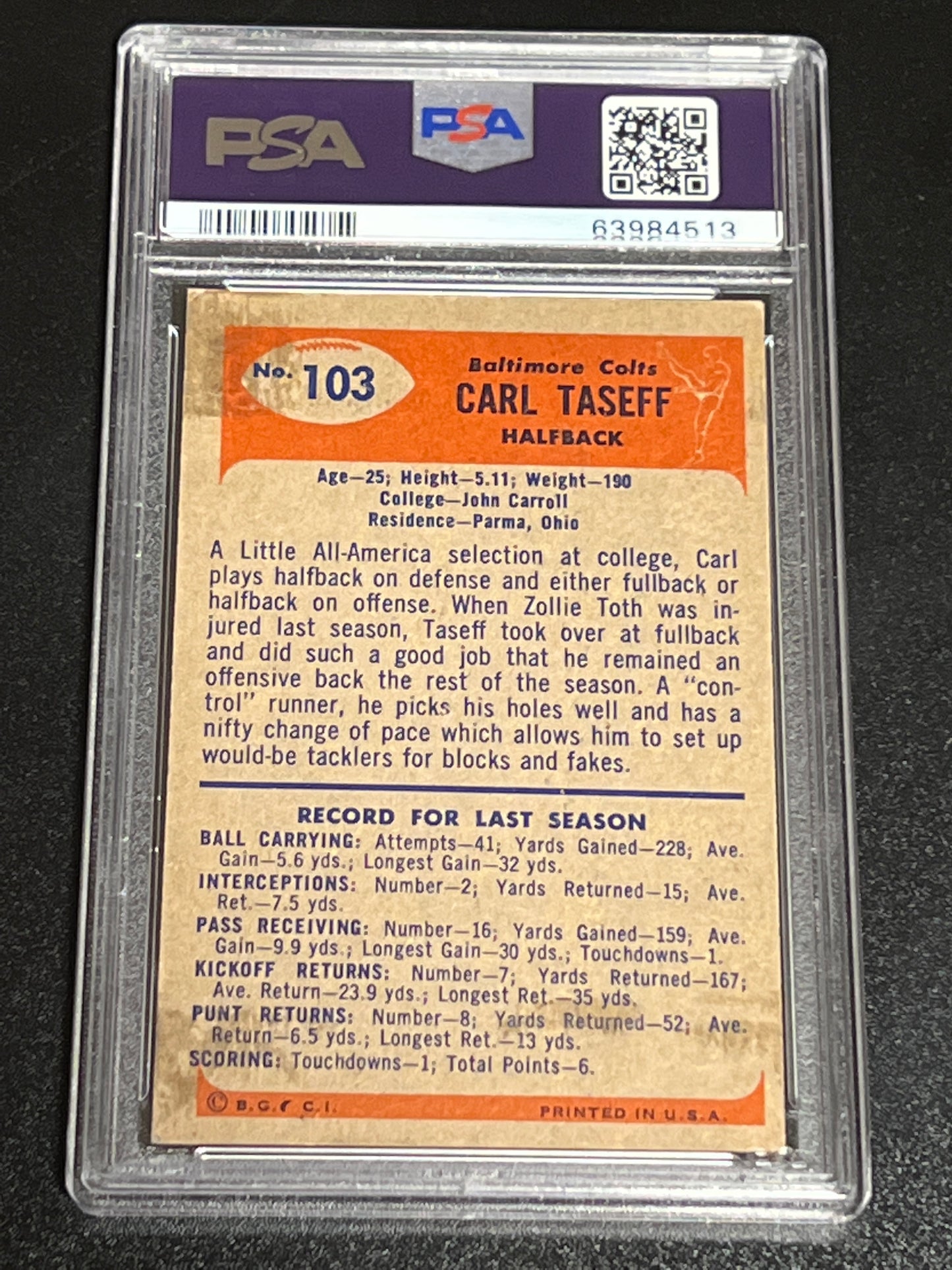 1955 Bowman CARL TASEFF - #103 - PSA 4