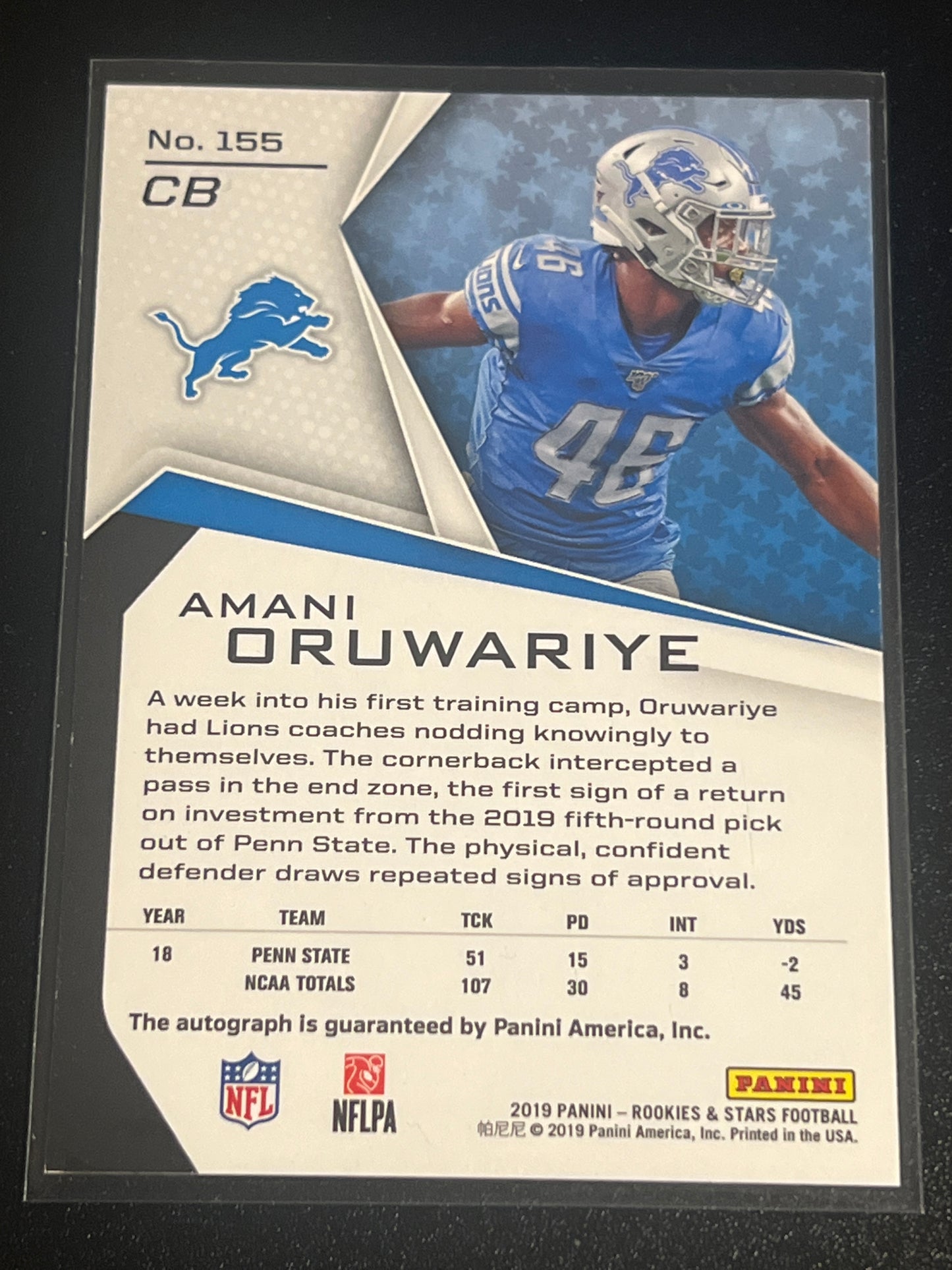 2019 Panini AMANI ORUWARIYE - RC - Auto - 120/125 - #155