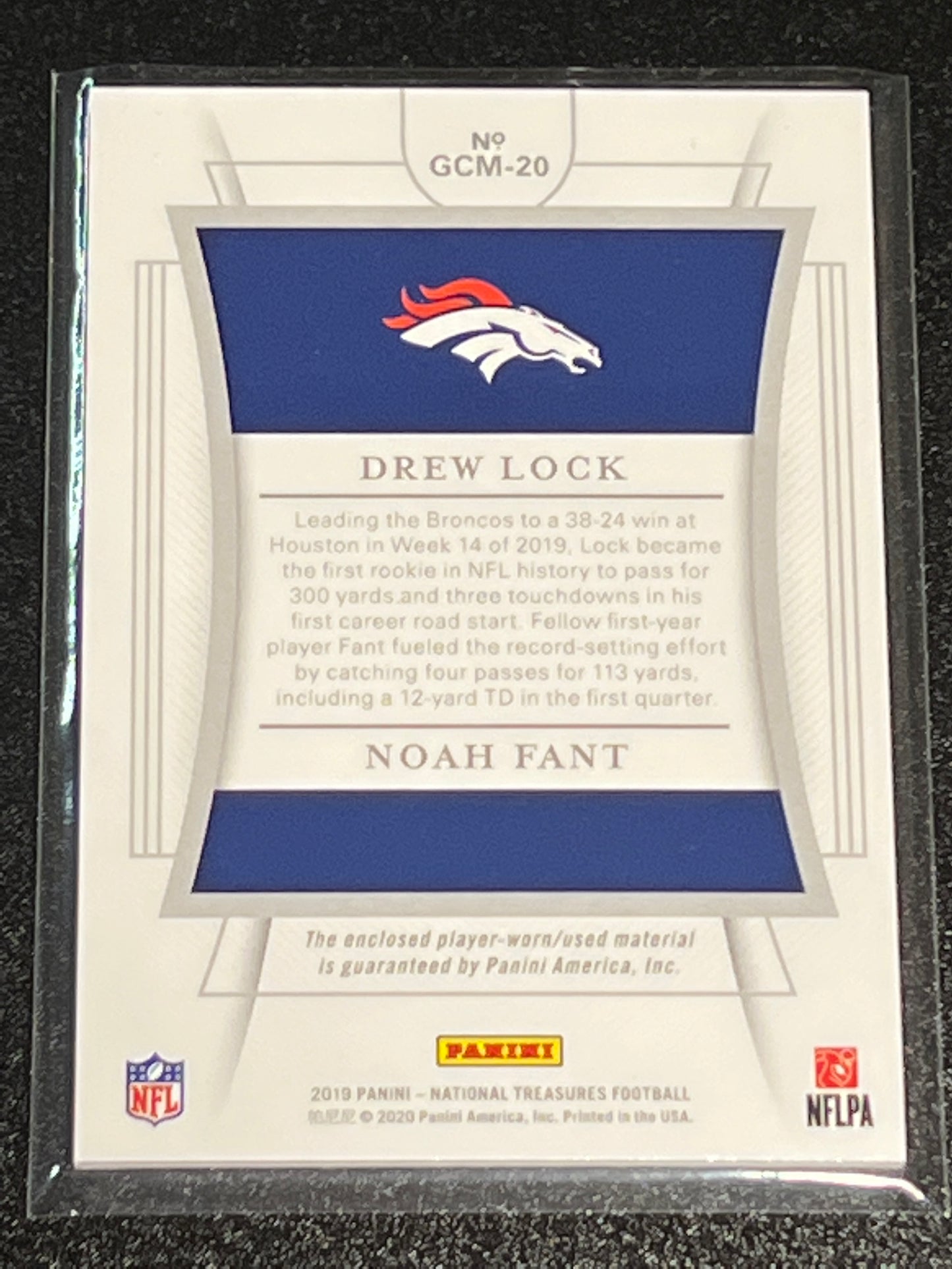 2019 Panini Nat. Treas. DREW LOCK / NOAH FANT - Patch Card - RC - 08/99- #GCM-20