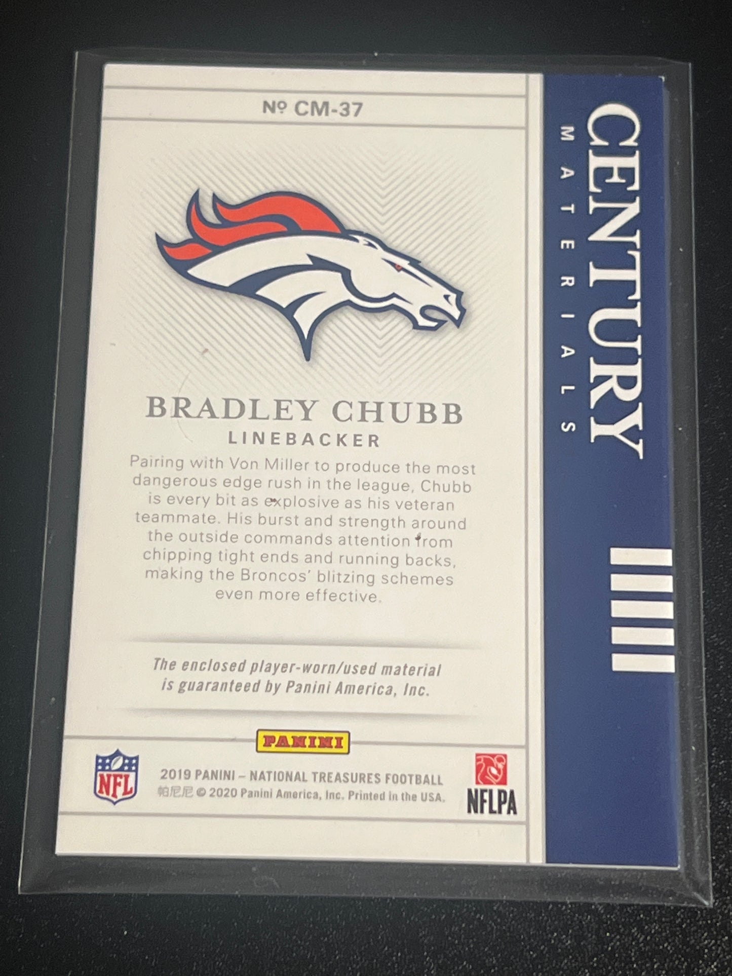 2019 Panini Nat. Treas. BRADLEY CHUBB - Patch Card - 82/99 - #CM-37